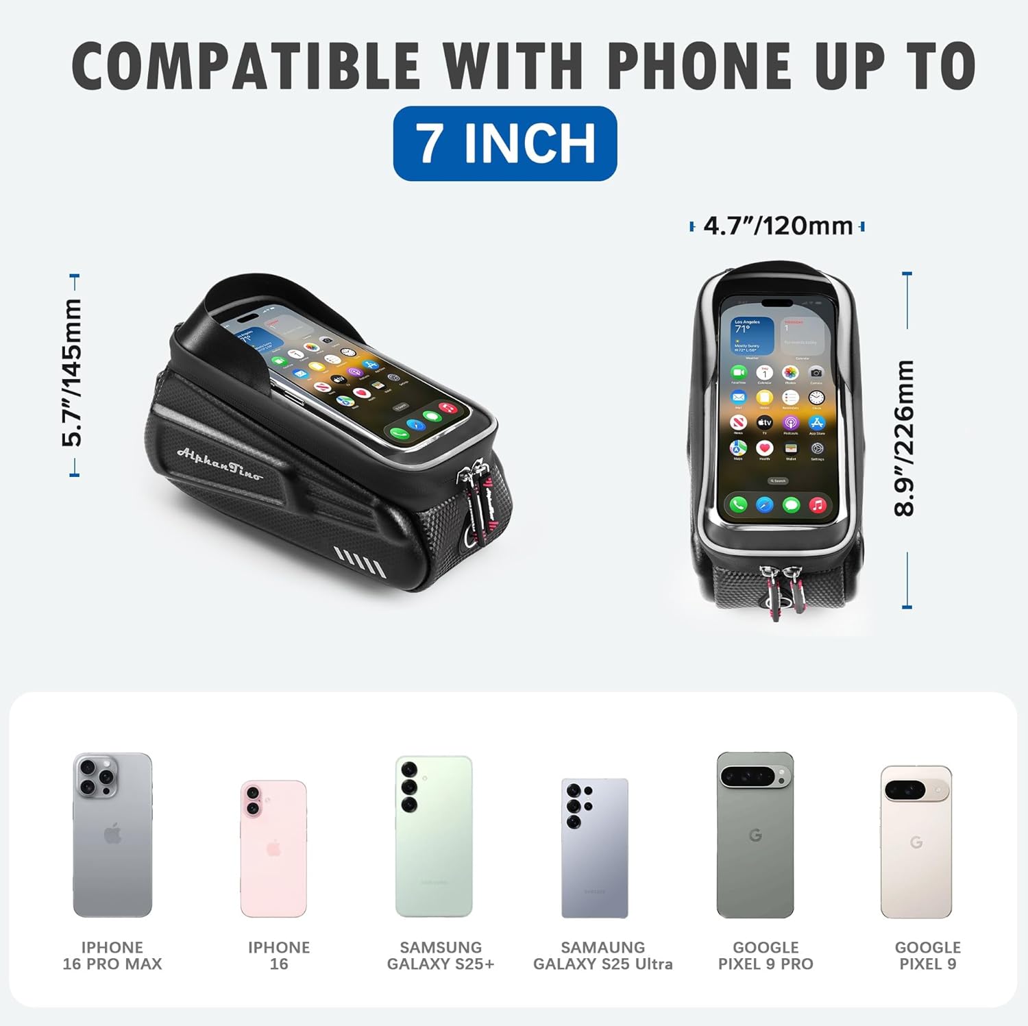 Bike Phone Holder Bag - Waterproof Bicycle Frame Bag Hard Case Large Capacity Top Tube Front Frame Cycling Mount Accessories Pouch, TPU Touch-Screen & Sun-Visor (Red Zipper) - Image 5