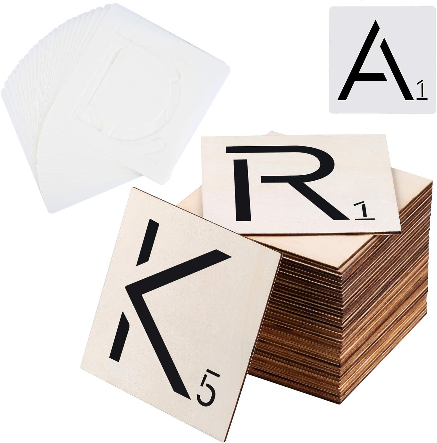 Ruisita 80 Pieces 5 x 5 Inch Unfinished Blank Wood Pieces with 26 Pieces Letters Stencils for Home Décor, DIY Projects