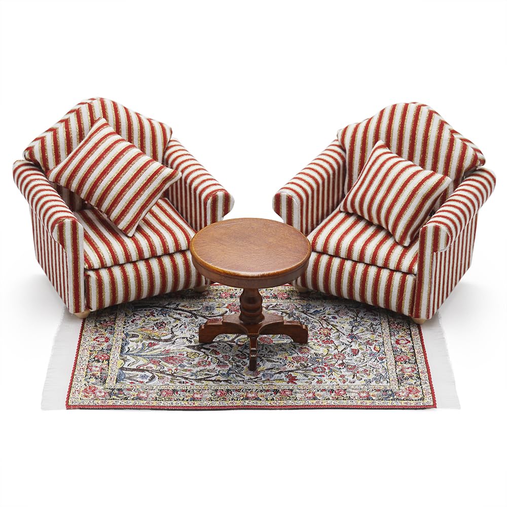 Odoria Dollhouse Side Table and Armchair: 1/12 Scale Miniature Rug and Brown Coffee End Table for Vintage Antique Living Room Office - Mini Bedroom Furniture Set Red Sofa with Pillow