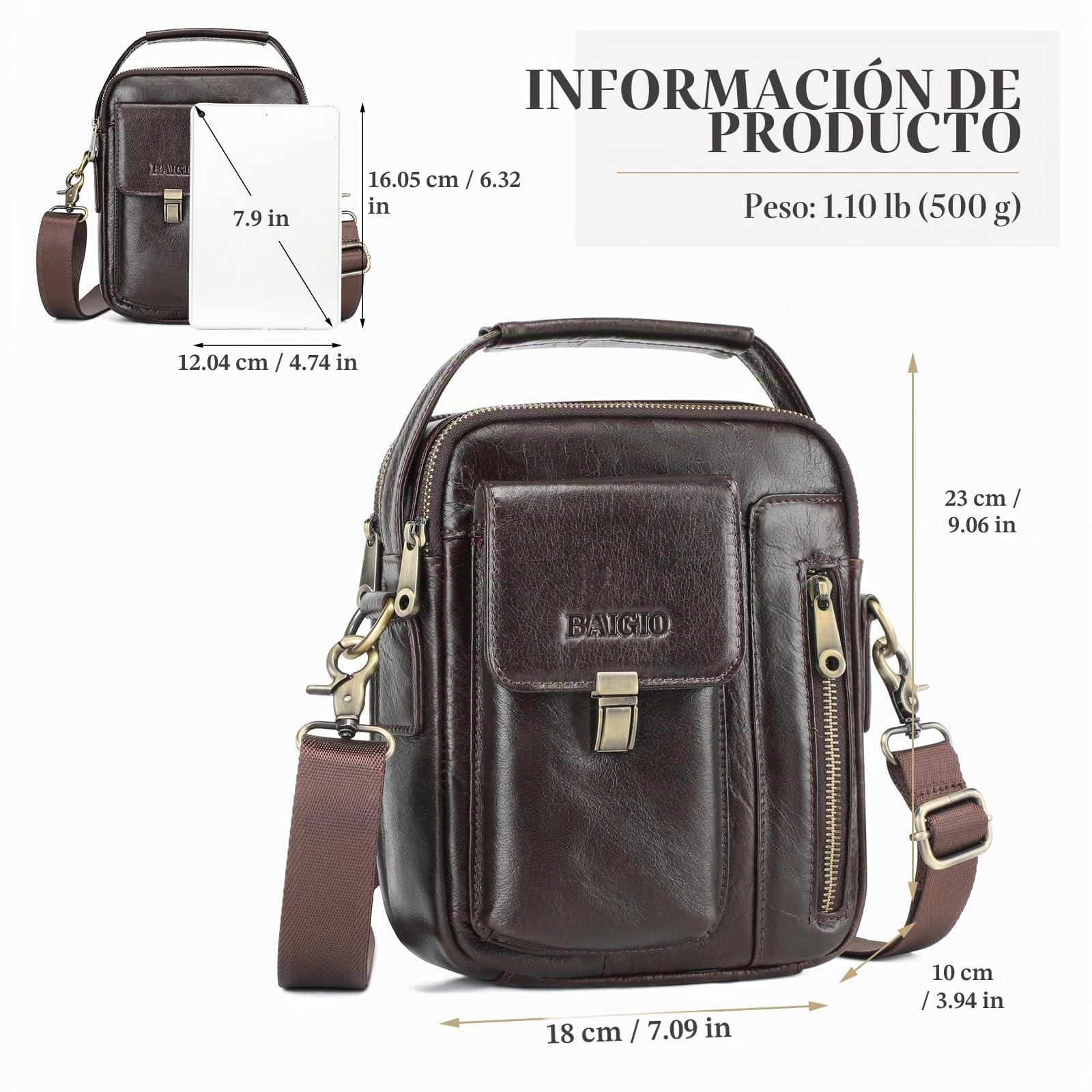 BAIGIO Bolso Hombre Bandolera de Piel Bolso Mano Hombre Vintage Bolso Hombre Pequeño Bolso de Hombro Bolso de Cartera para Negocios, Trabajo, Viaje, Vida Cotidiana