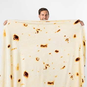 PAVILIA Burrito Tortilla Blanket, Double Sided Taco Flour Wrap Novelty Throw for Adult Kid Teen, Realistic Food Blanket, Funny Gag Gift for Birthday, Beige Flour 60in
