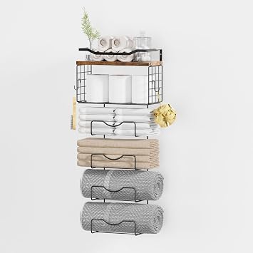 30" Towel Rail Wall Mounted, Upgrade 6 Tier Rolled Or Folded Towel Storage with Floating Shelves for Bathroom Storage Matte Black