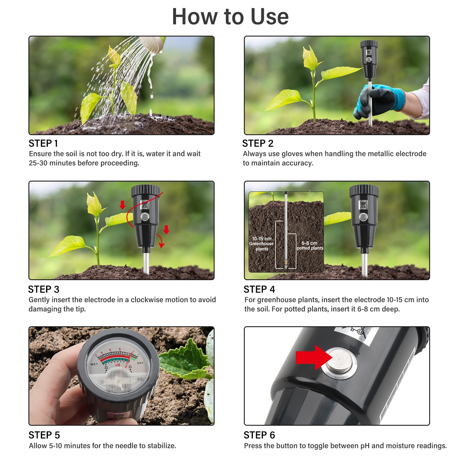 Medidor de pH y Humedad del Suelo, electrodo de 300 mm de Largo, comprobador de Suelo para jardín, césped, Granja, Uso Interior y Exterior, no Necesita Pilas.