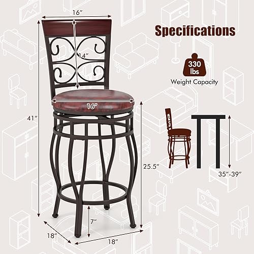 Miniatura 3 de COSTWAY Juego de 4 taburetes de bar giratorios de 25.5 pulgadas de altura de mostrador, con respaldo y reposapiés, silla de desayuno giratoria de