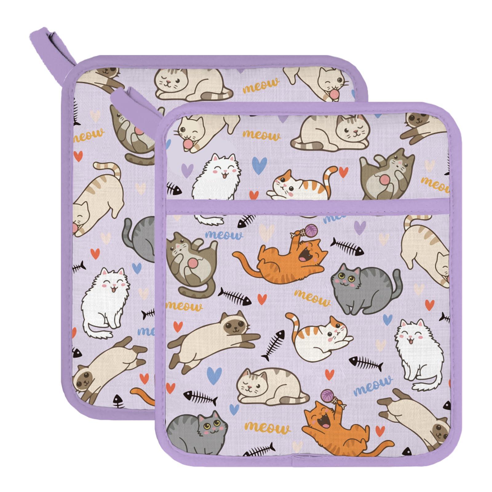 FREEBLOSS 2Pcs Cartoon Cats Pattern Pot Holders for Kitchen Cotton Potholder Heat Resistant Oven Hot Pads Hot Pot Holder for Cooking Baking 7.9x9.5in/20x24cm