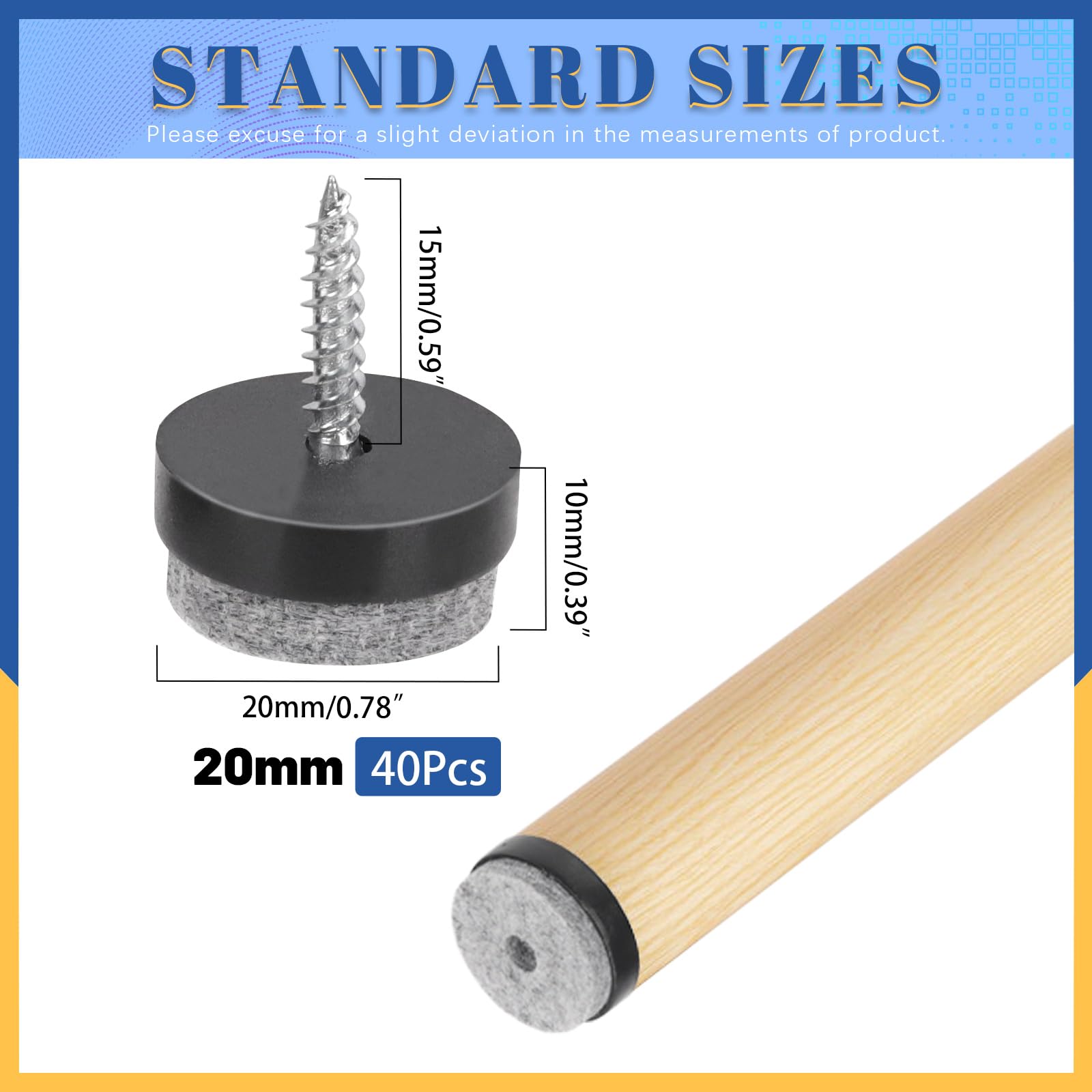 Glarks 40pcs Black 20MM Furniture Glide Screw-on Furniture Antiskid Felt Pad Slider Floor Protector for Wooden Leg Feet of Chair Table Sofa Stool - Image 2