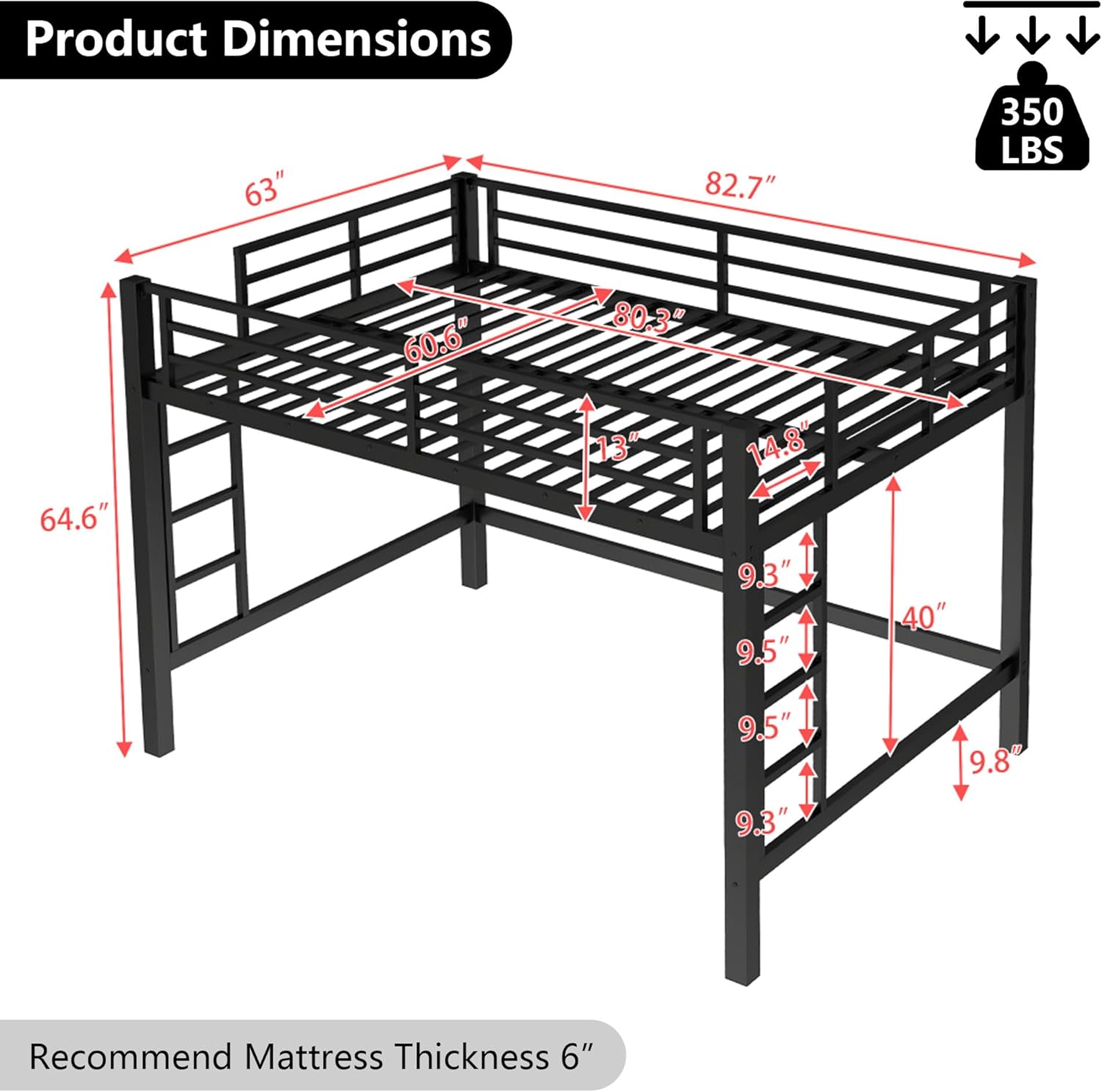 Bellemave Queen Size Loft Bed Frame with 2 Ladder, Sturdy Metal Construction & High Guardrail, Space-Saving Queen Loft Bed for Kids, No Box Spring Needed, Safe for Kids, Adults, Teens, Dorms, Black