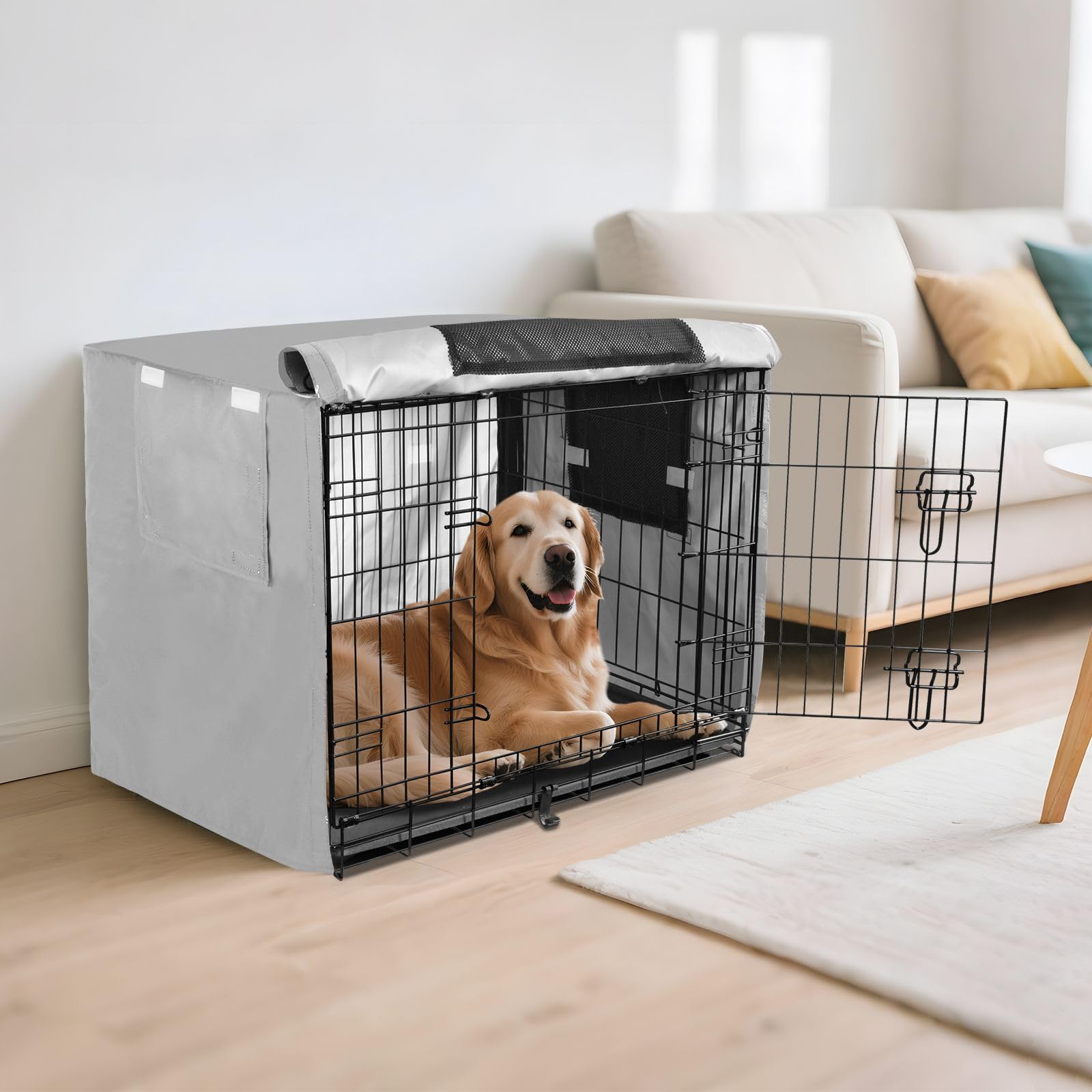Dunkelgraue, winddichte Hundebox-Abdeckungen, einfach zu installieren, mit Netzfenstern, Größe XL