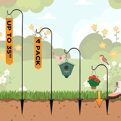 Ganchos de pastor para exteriores, juego de 4 postes de jardín ajustables para comederos de pájaros, linternas solares, campanillas de viento y