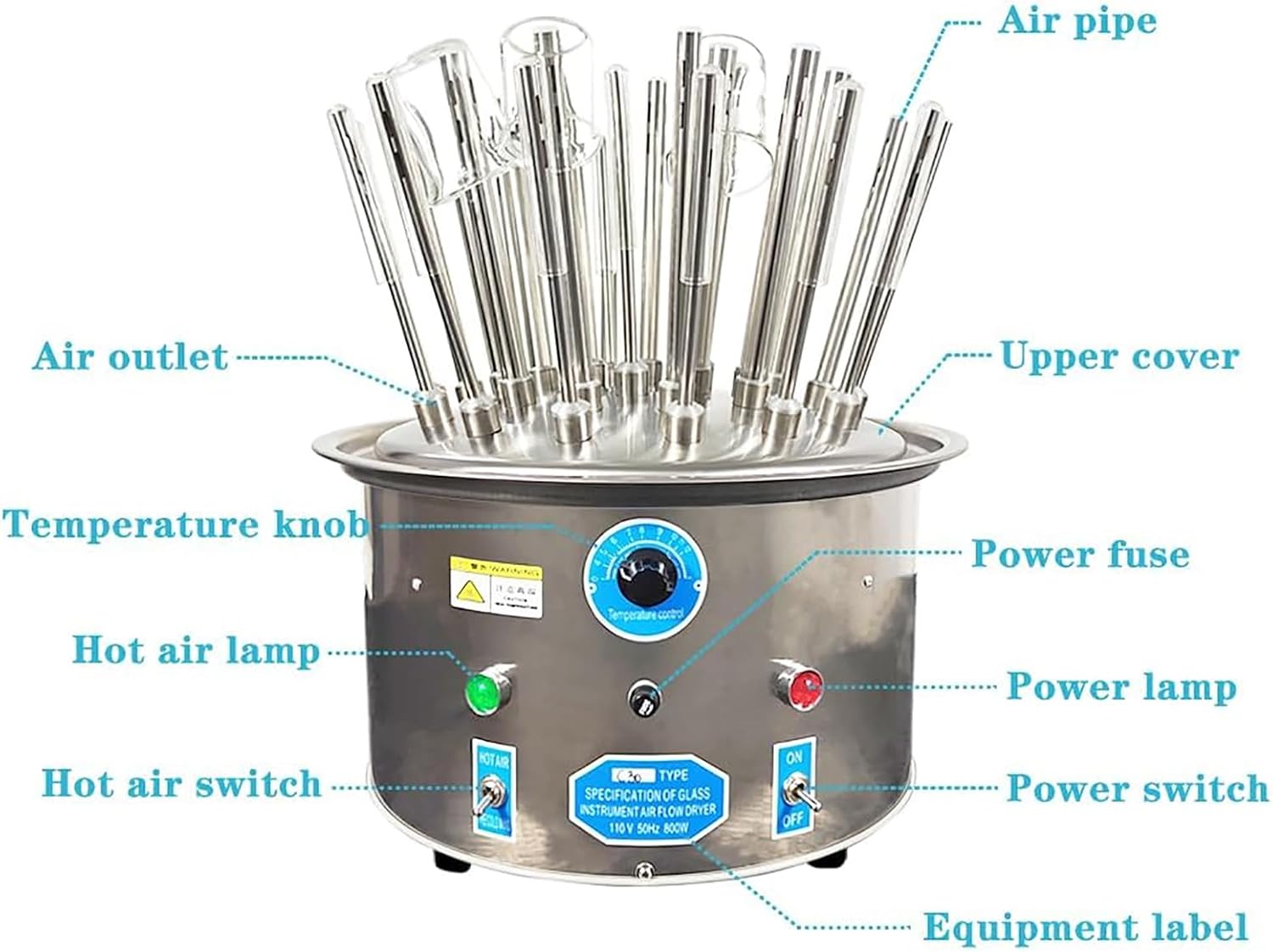 Lab Glassware Dryer, 800W Stainless Steel Drying Machine with 30pcs Drying Pipes, 110V/220V & Small Size, Lightweight, Hot and Cold Air Design& Easy To Operate for Laboratories Schools, Factories, Etc