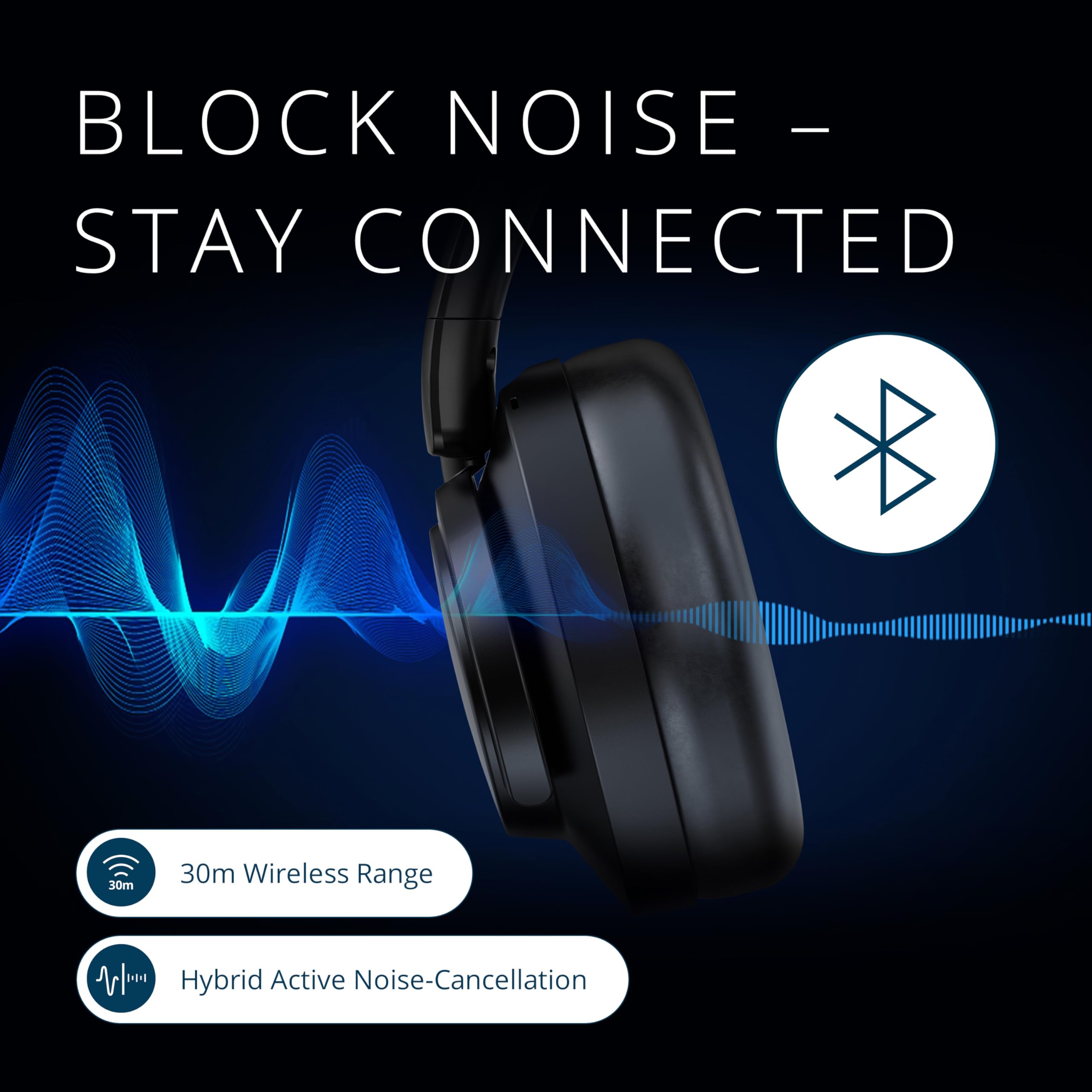 Słuchawki Kensington Hybrid C3550 EQ – bezprzewodowy zestaw Bluetooth® ze sterowaniem na nausznikach, aktywna redukcja szumów, kompatybilny z Windows, macOS, ChromeOS, iOS i Android, K97467WW, czarne