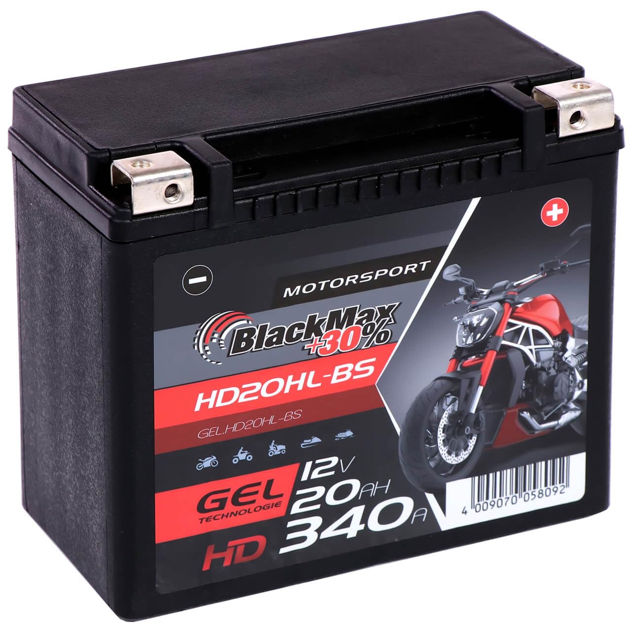 BlackMax Motorsport HD GEL Motorradbatterie YTX20HL-BS 12V 20Ah 340A | Starterbatterie extrem rüttelfest für schwere Cruiser & Tourer - Wartungsfrei, geladen & auslaufsicher