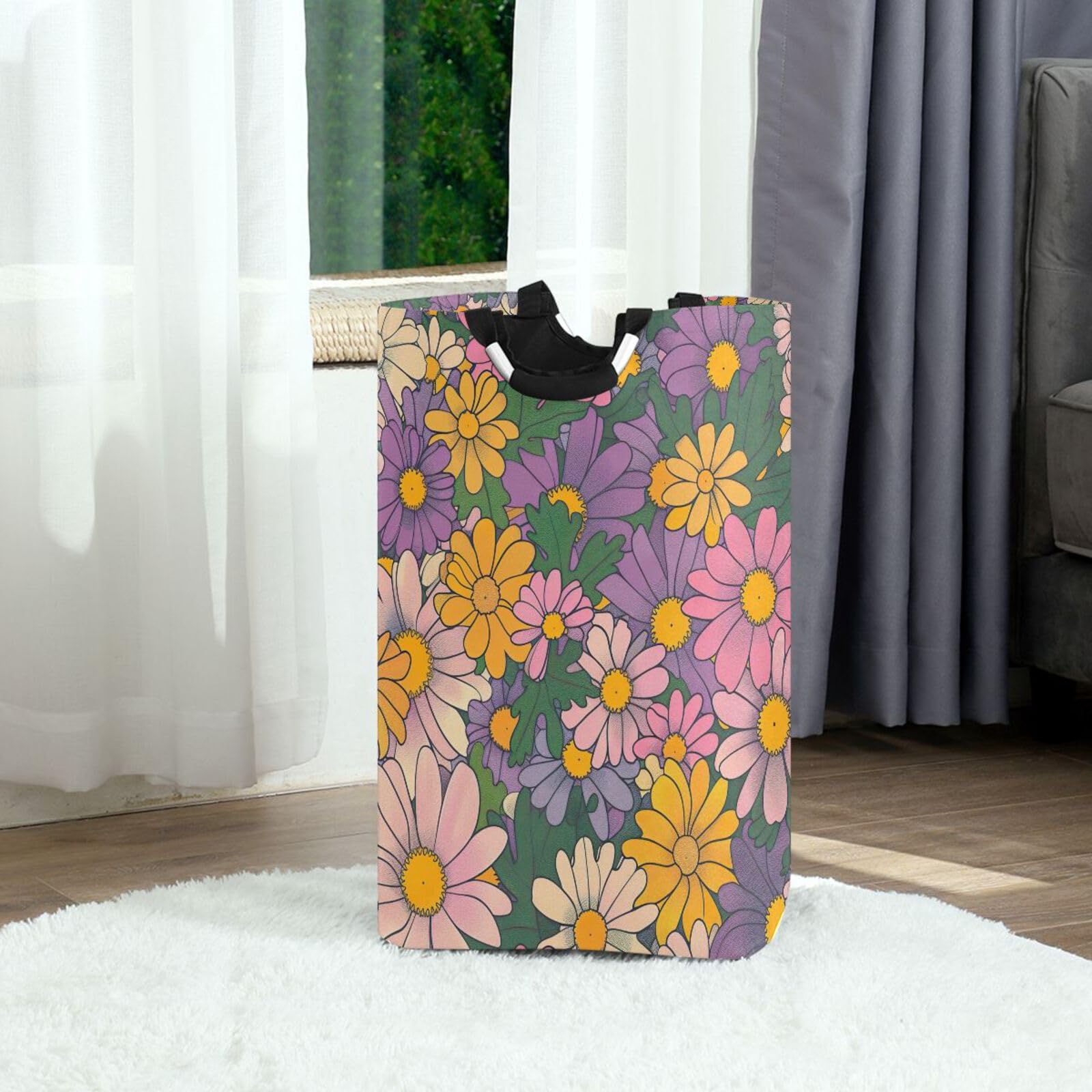 Jihqo Laundry Hamper Basket Blooming Flowers Collapsible Nursery Storage Bin Waterproof Clothing Baskets for Home Bedroom Bathroom Washing Room