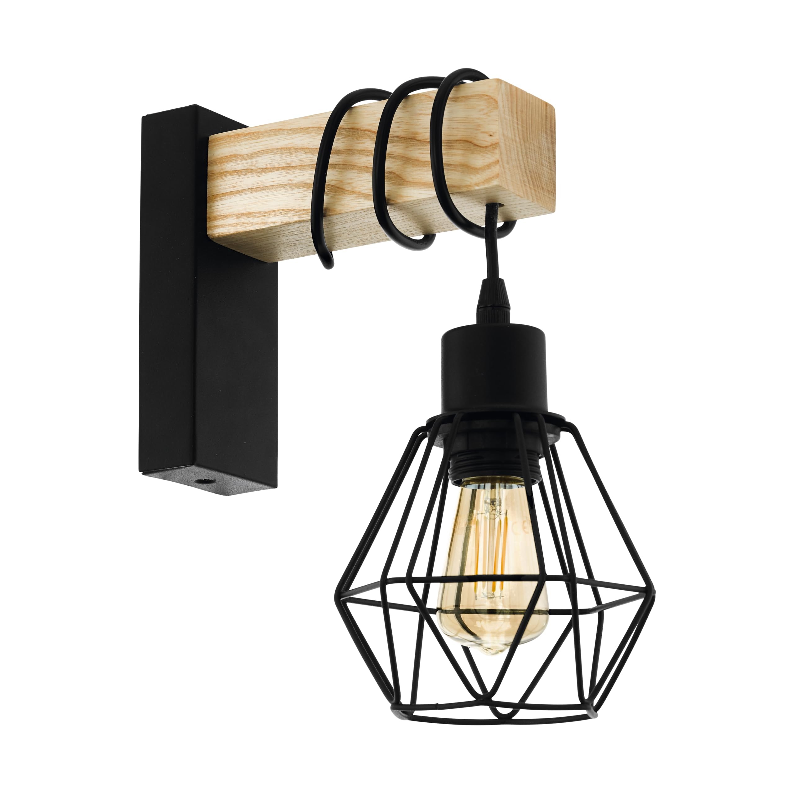 EGLO Aplique de pared TOWNSHEND 5, aplique de pared vintage con 1 bombilla en diseño industrial, lámpara retro de acero y madera, color negro, marrón, casquillo E27, certificado FSC