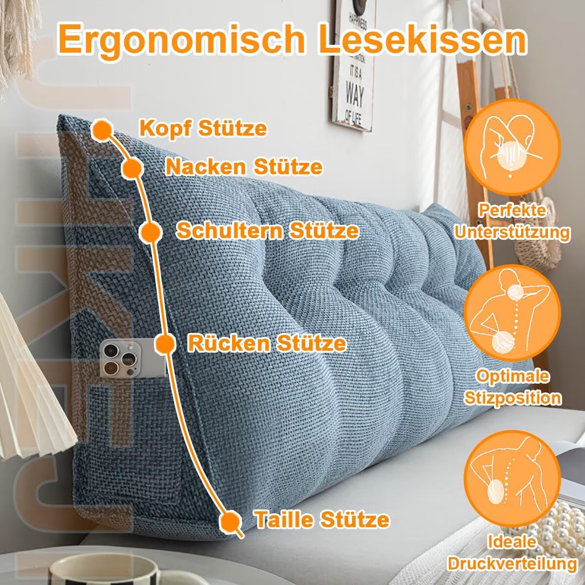 Ergonomiczna poduszka na plecy, na łóżko i sofę, do czytania, ze zdejmowaną, zmywalną poszewką na plecy, duża poduszka podtrzymująca klin, z wygodną kieszenią boczną, stylowa, szara