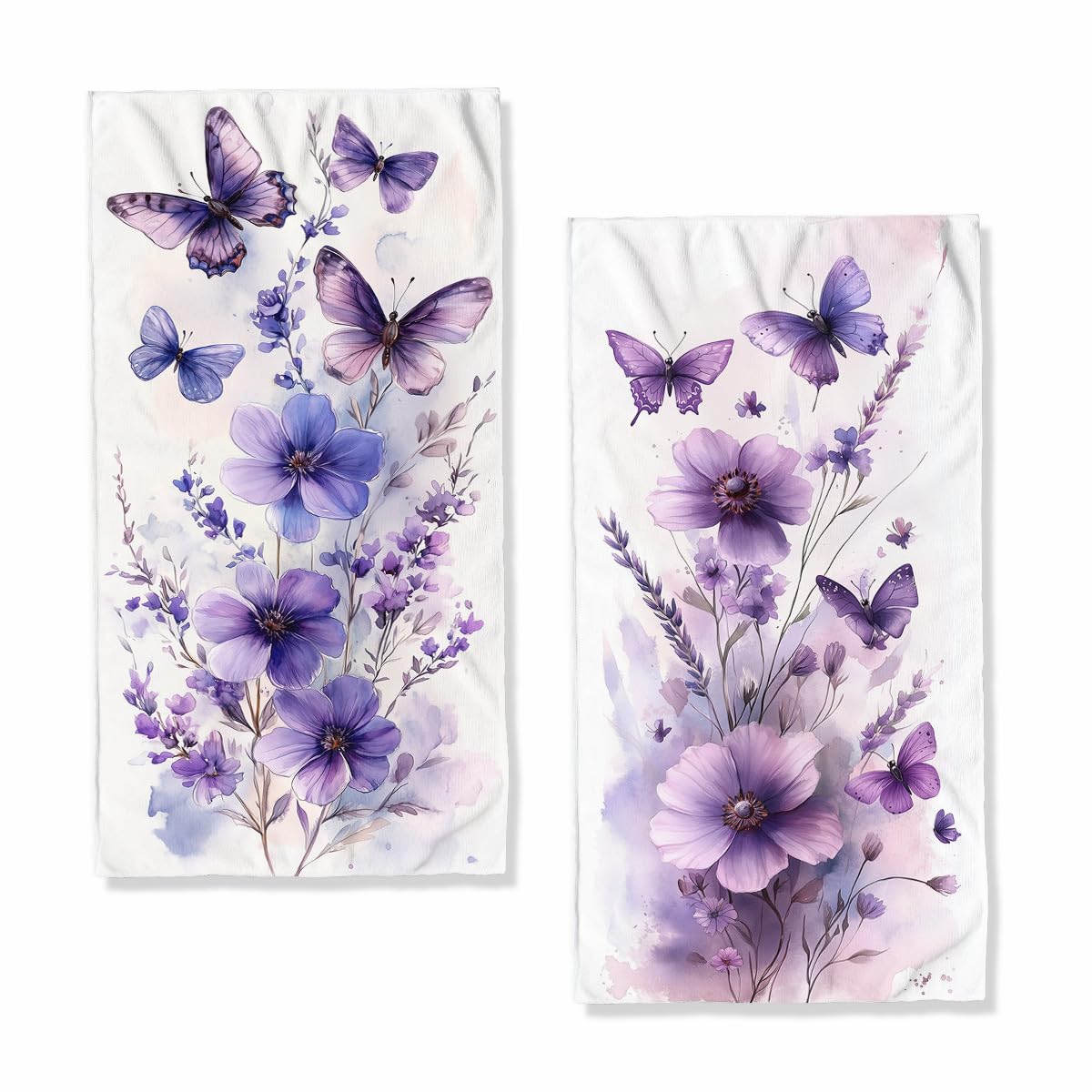 XYJFZL Purple Butterfly Bath Hand Towels Set of 2 Absorbent Lavender Vintage Purple Flowers Decorative Hand Towels Set for Bathroom Gym Hotel Spa
