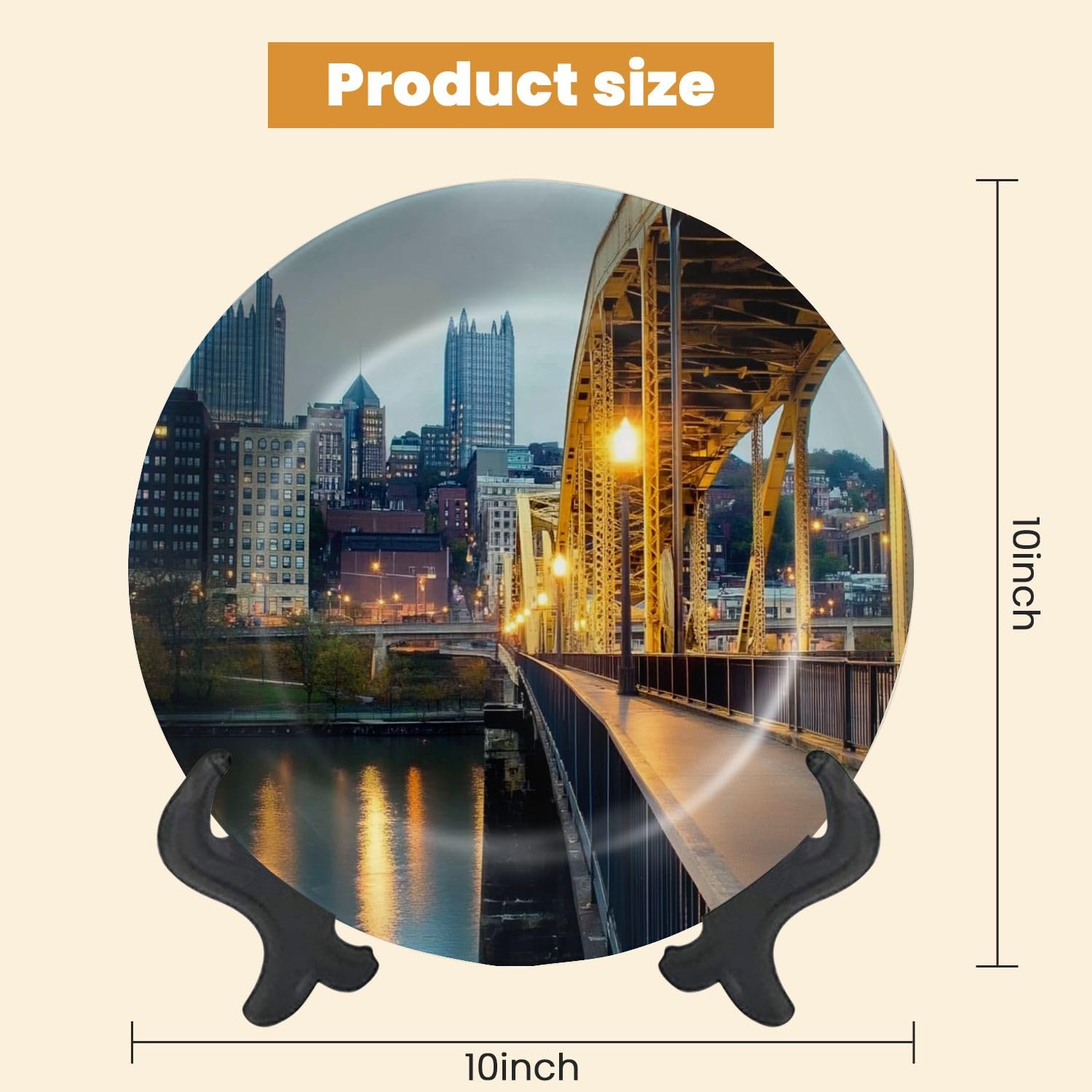 Decorative Plates for Display Pittsburgh Pennsylvania Night Skyline from Roberto Clemente Bridge Gift Plates Ceramic Collections Plates Hanging Artwork for Living Dining Room Kitchen Souvenir