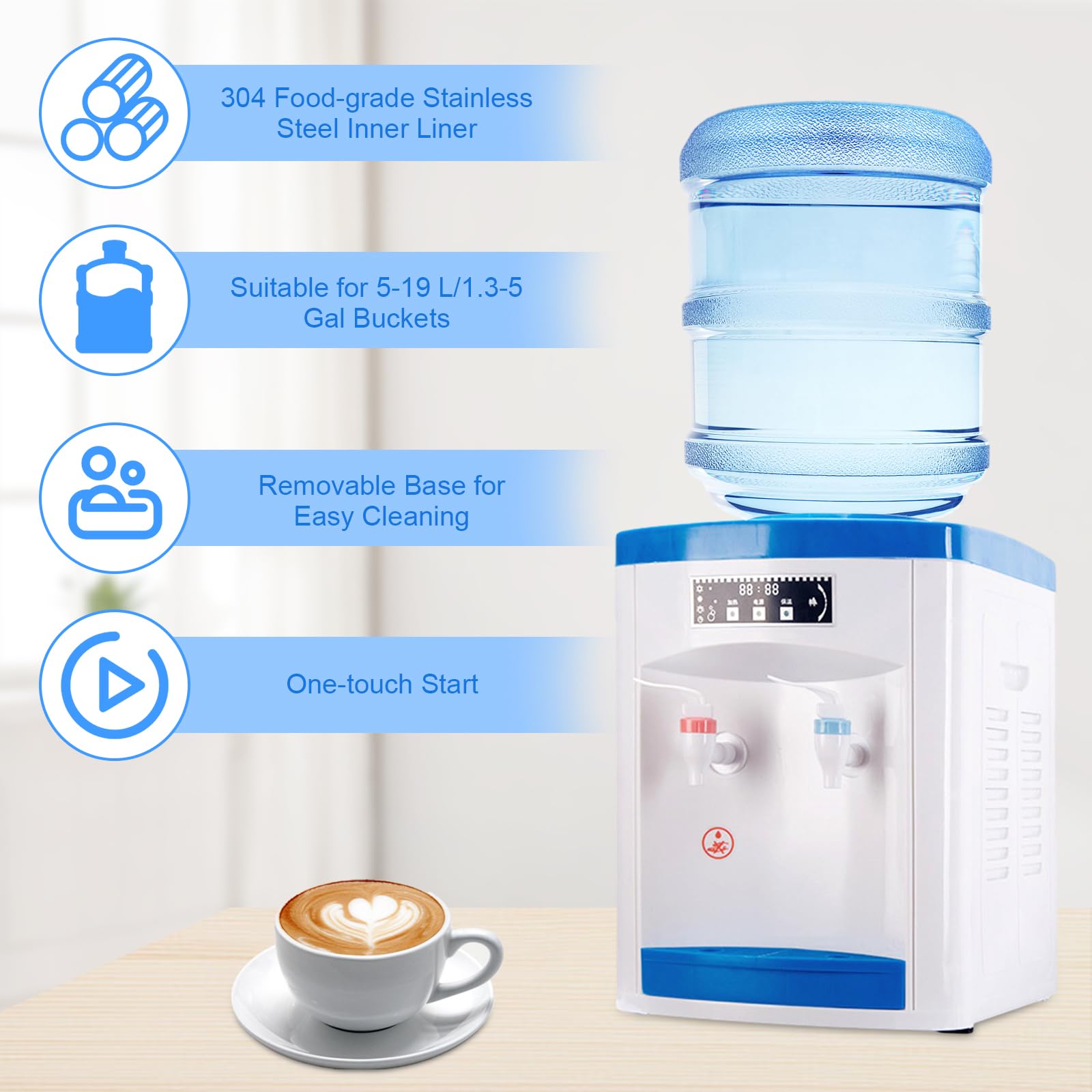 Countertop Water Cooler Dispenser for 1.3-5 Gallon, Desktop Electric Hot and Cold Dispenser, Top Loading Water Dispenser with 3 Temperature Settings for Home Office Kitchen