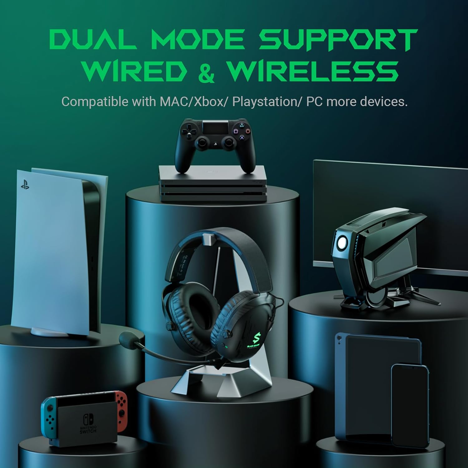 Black Shark Wireless Gaming Headset, Bluetooth 5.2 Headphone with Detachable Microphone, 3.5mm Wired Jack, 50mm Drivers Over Ear Headset for PC, PS4, PS5, Switch