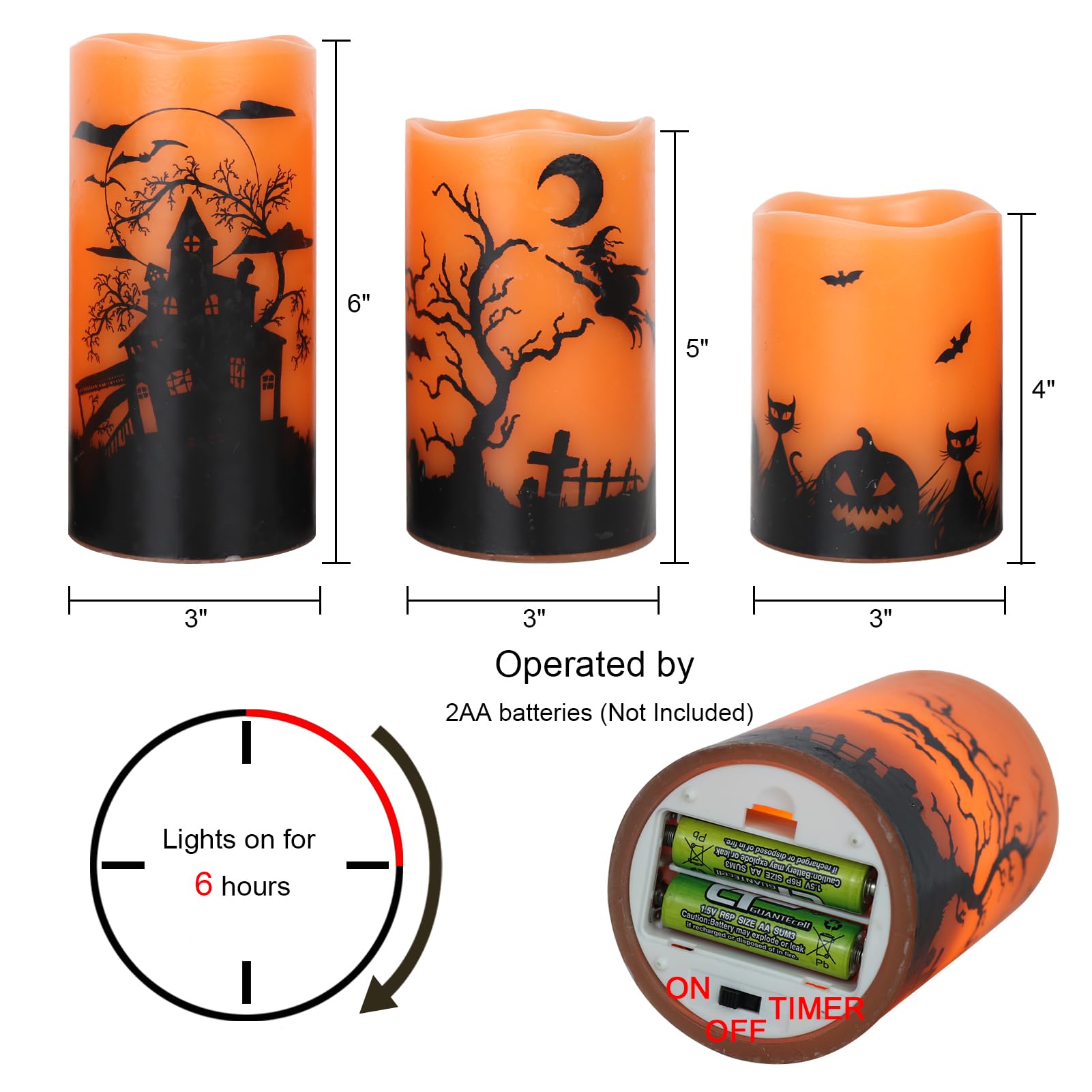 GenSwin Candele di Halloween con timer, candele tremolanti senza fiamma a batteria, confezione da 3 candele in vera cera, per decorazioni per la casa di Halloween (7,6 x 10,2 cm x 15,2 cm)