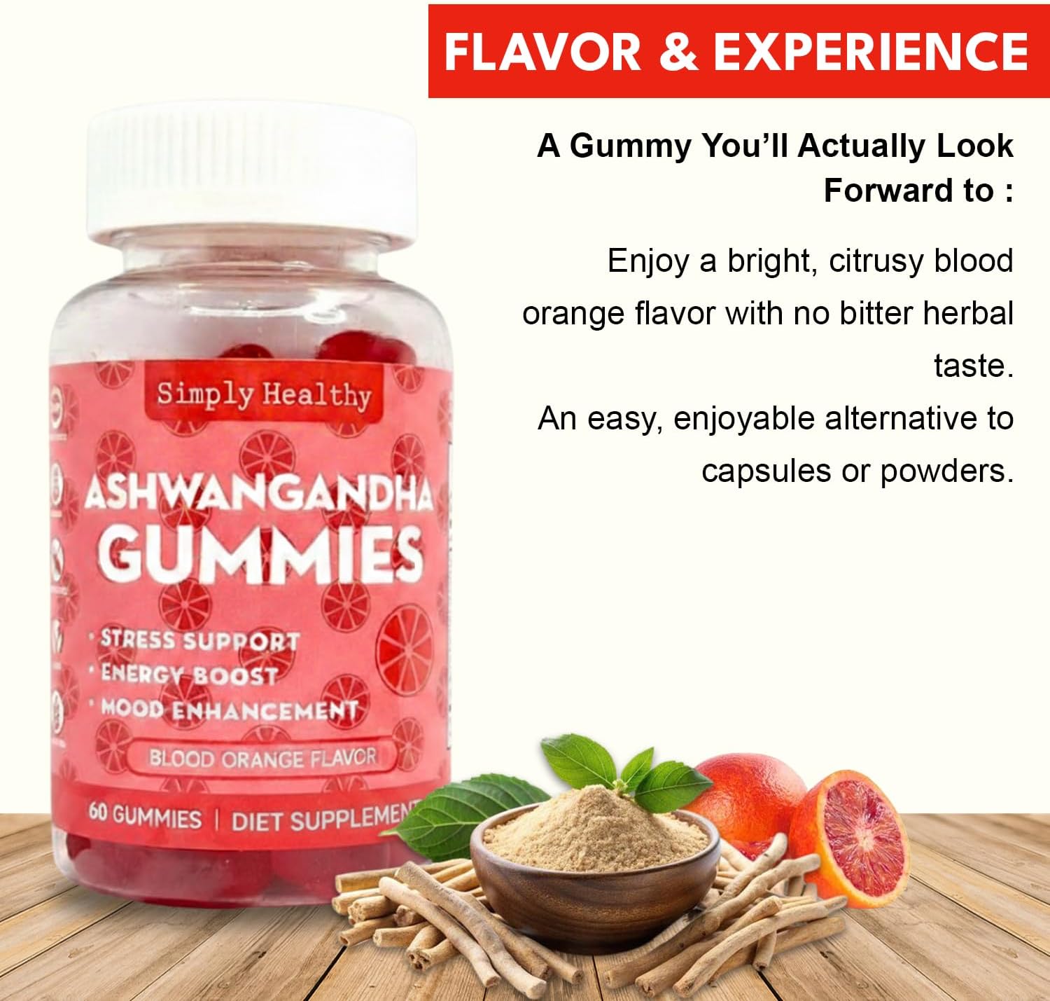 Premium Ashwagandha Gummies, Stress Support with Blood Orange Flavor, Vegan, Easy to Chew, Daily Aid, Energy Booster, Mood Enhancer, for Both Men and Women, 60 Gummies