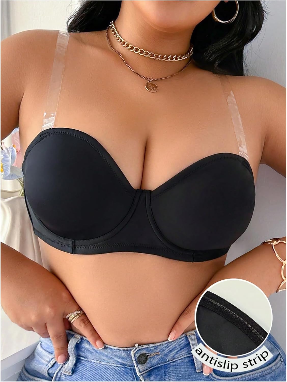 OYOANGLE Women's Plus Size Strapless Underwire Bra Comfort No Padding Tube Top Bras with Clear Strap - Image 3