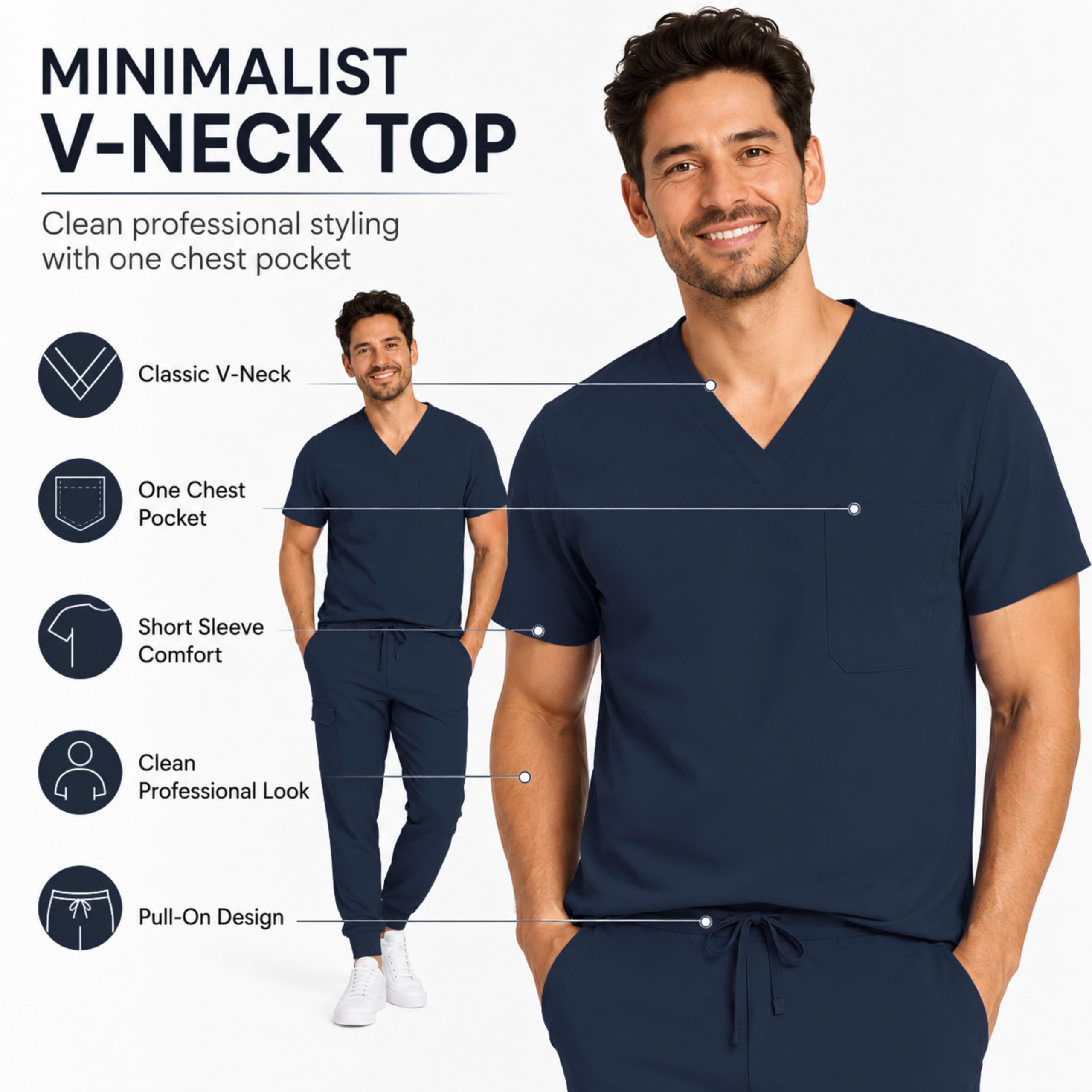 M&M SCRUBS Herren Jogger-Schrubb-Set - Luxe Stretch Medizinische Uniform, V-Ausschnitt OP-Oberteil & Jogginghose (True Navy Blue, Large)