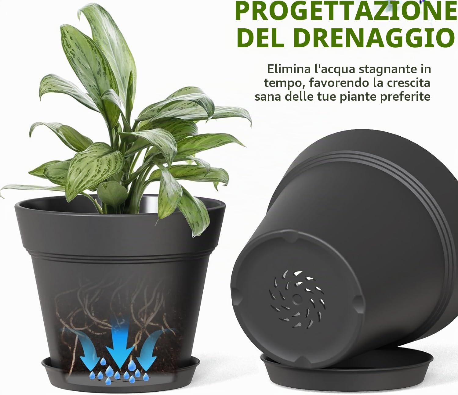 LATERN 10 Pezzi Vasi da Fiori in Plastica, 15CM Vaso per Piante Più Spesse Vaso da Vivaio con Controllo delle Radici con Foro di Drenaggio e Sottovaso per Piante Fiori Erbe Grasse Cactus (Nero)