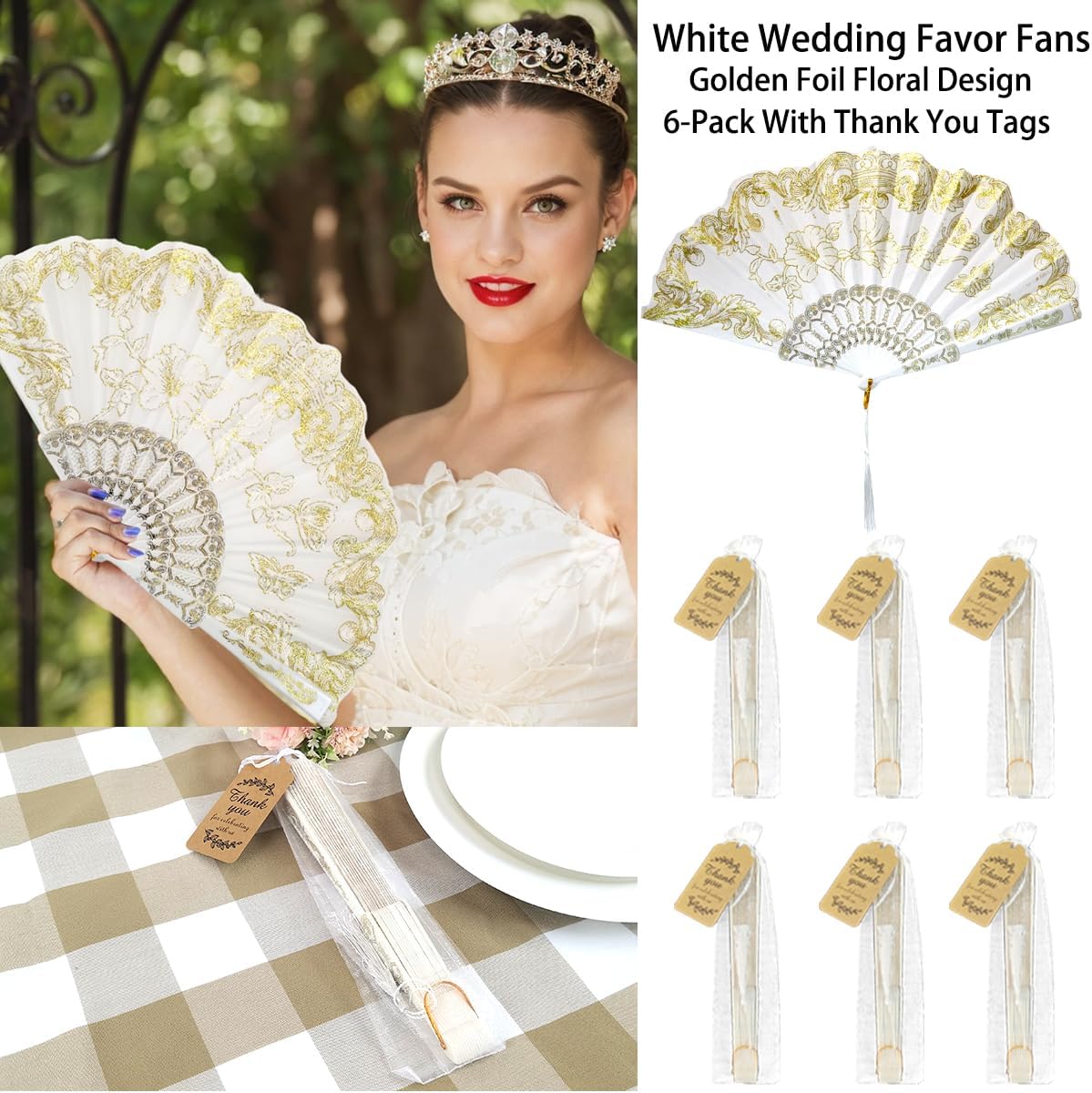 White Wedding Hand Fans with Golden Floral Butterfly Design, 6 Pack Folding Fans for Guests, Personalized Party Favors with Organza Bag and Thank You Tags