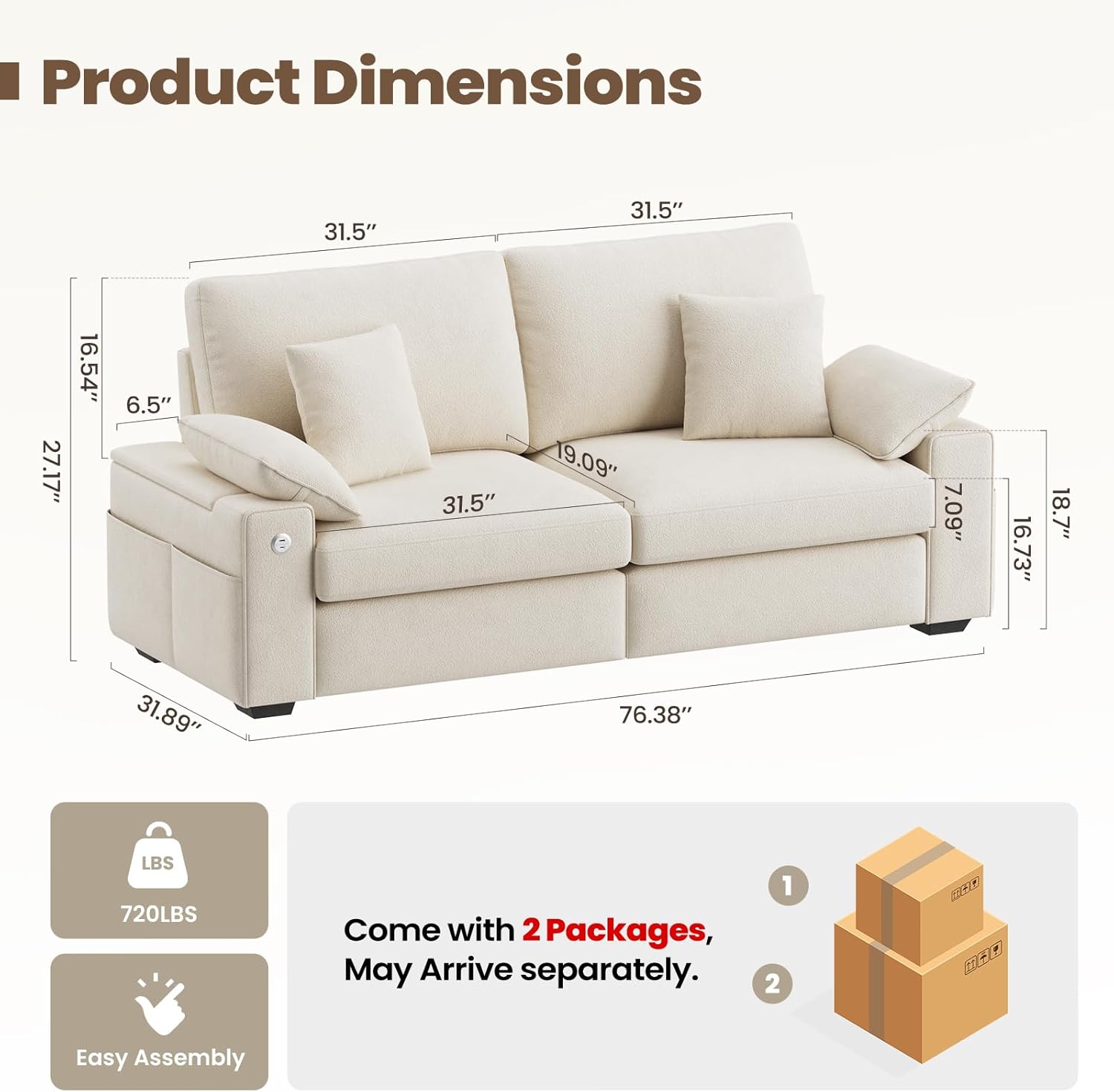 89" Modern Sofas for Living Room, Comfy Sofa with Deep Seat Couch, USB/Type-C Port, Side Storage, Removable Cover, Couches for Living Room, Apartment, Beige - Image 2