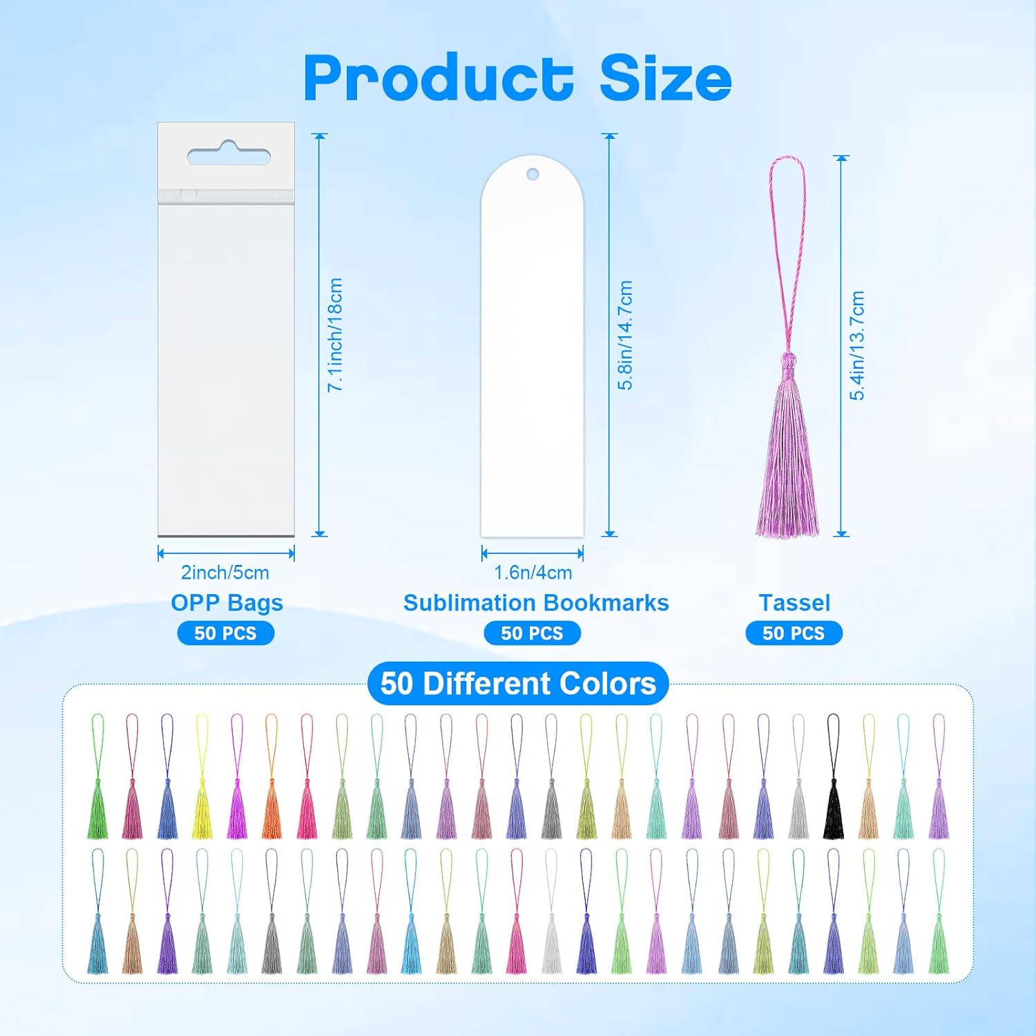 Sublimation Double Sided Bookmark Blanks - 50Pcs Metal Kit + 50 Colors Tassels, DIY Bookmarks for Book Lovers, Crafts, Reading Gifts - Image 2