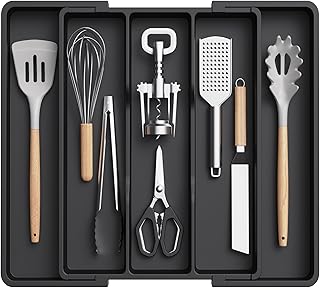 Utensil Organizer for Kitchen Drawers, Expandable Cooking Utensil Tray, Adjustable Cutlery Silverware Flatware Holder, Plastic Kitchen Spatula Tools and Gadgets Storage Divider, Large, Black