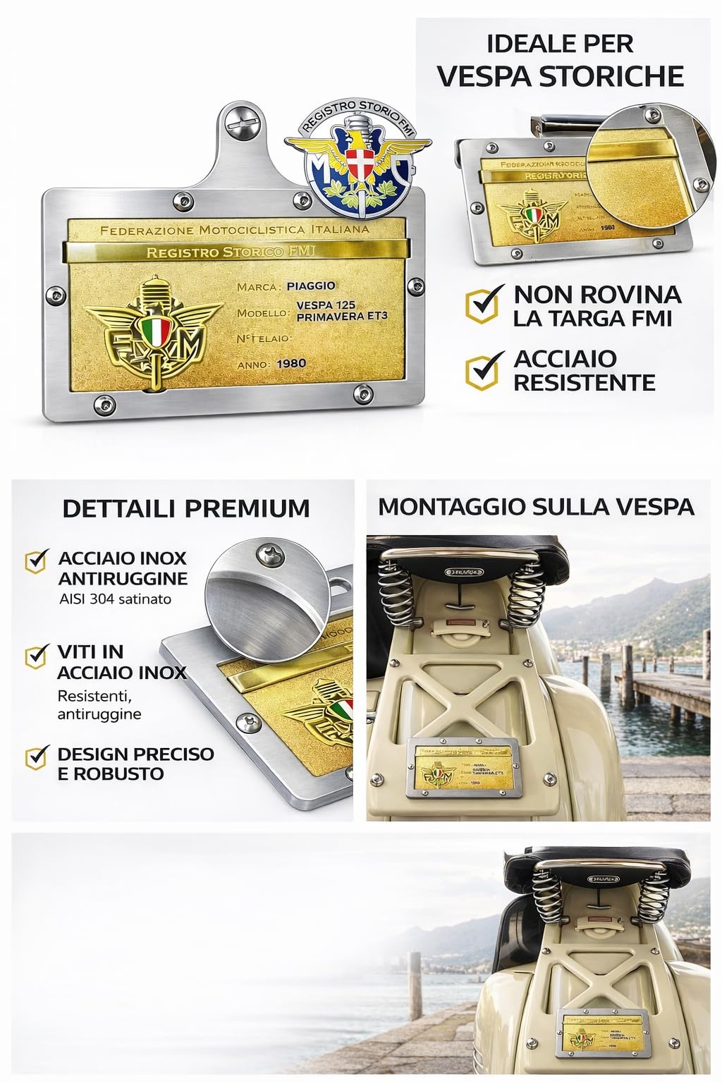 Supporto targa Oro FMI con rilievo. Adatto a Vespa e universale per moto d'epoca