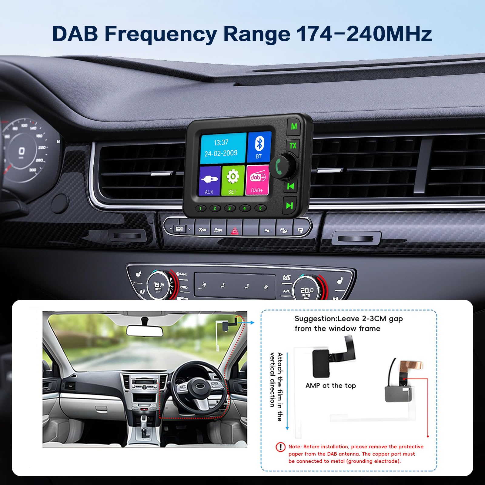 Inefala DAB+ Adapter für Autoradio, 2,8 Zoll bunter LCD-Bildschirm mit Bluetooth-Freisprecheinrichtung, Dab-Sender, FM-Sender, AUX-Eingang-Ausgang, TF-Karten-Musikwiedergabe, Autoladegerät