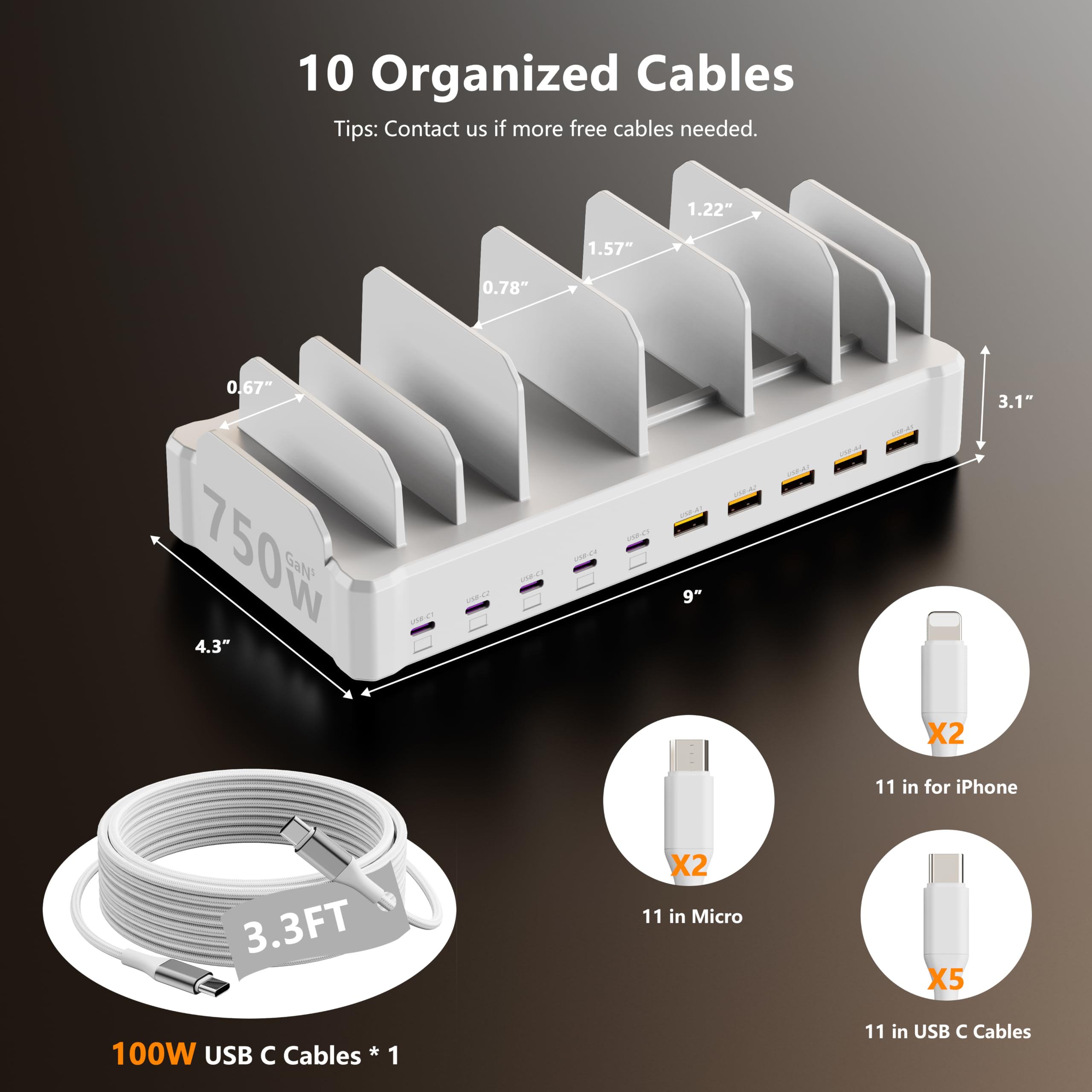 zobirez Estación de carga de 750 W para múltiples dispositivos, cargador rápido de 10 puertos, 5 USB-C de 120 W cada uno y 5 USB-A de 30 W cada uno, hub de carga de escritorio para laptop, teléfono