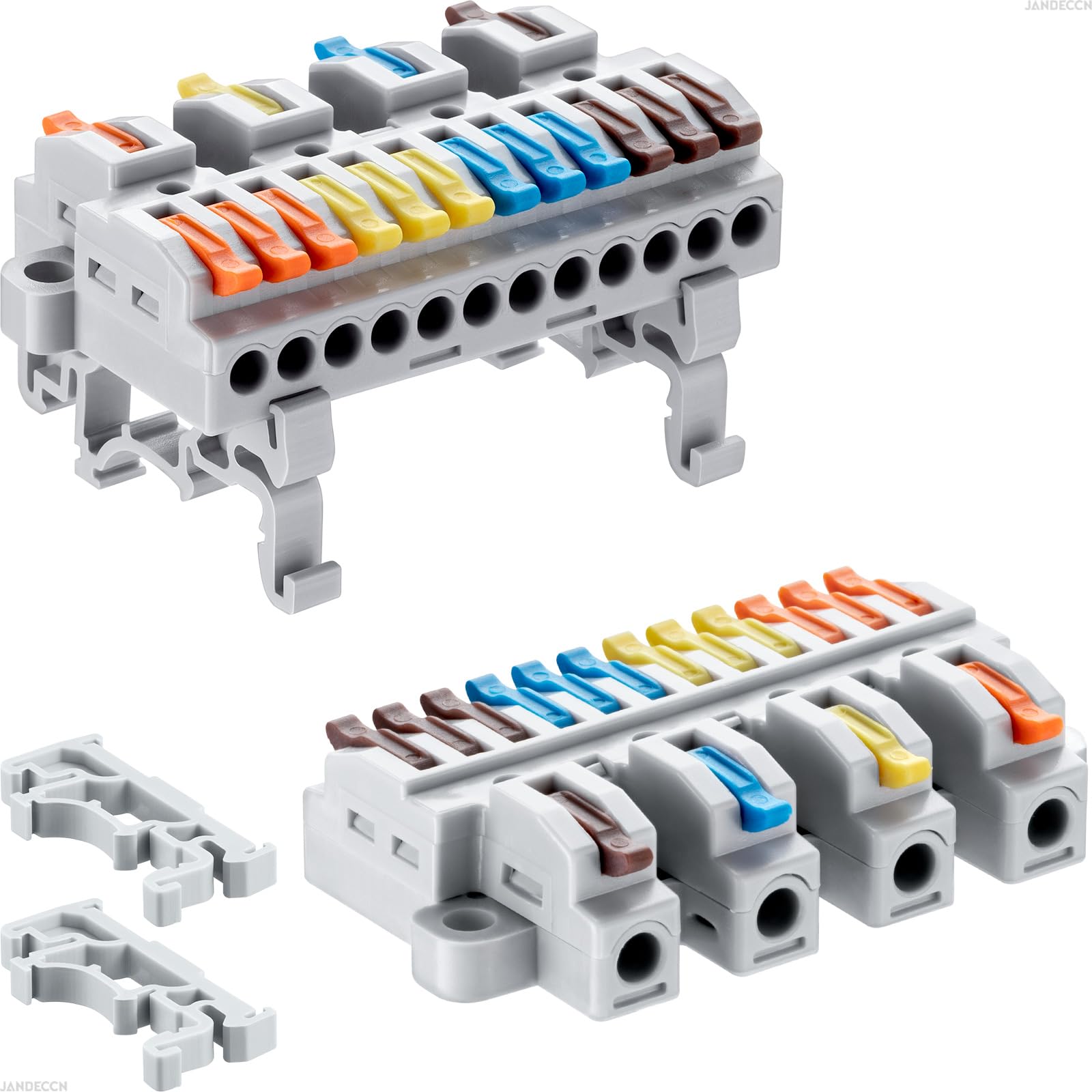 JANDECCN 4pcs DIN Rail Terminal Blocks, DIY Splicing Wire Connectors for Circuit Inline 28-12AWG (4 in 12 Out)