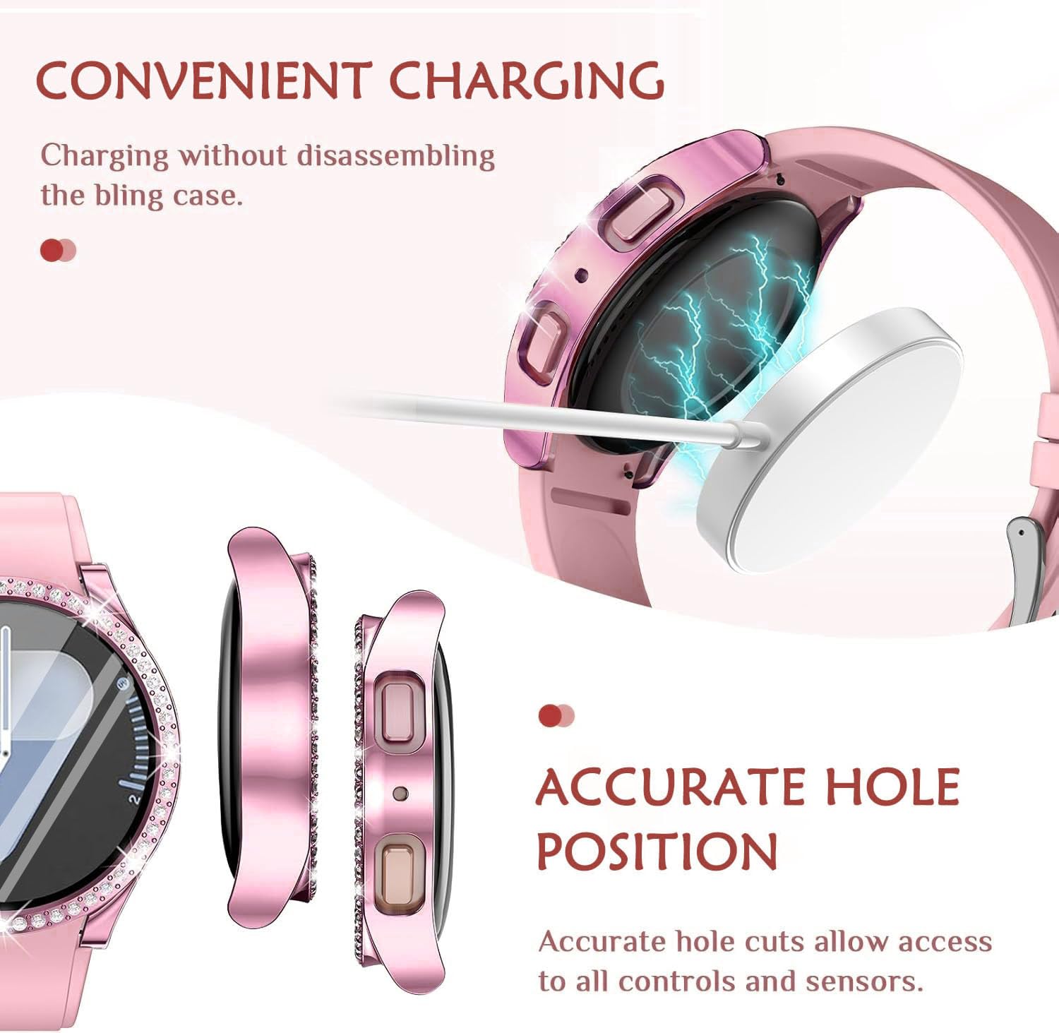 DEALELE [2-PACK] Case Compatible with Samsung Galaxy Watch 5/4 44mm, Bling Single-Row Diamond PC Protective Case Replacement Watch Cover Bumper (44mm, Gold+Transparent) — view 213