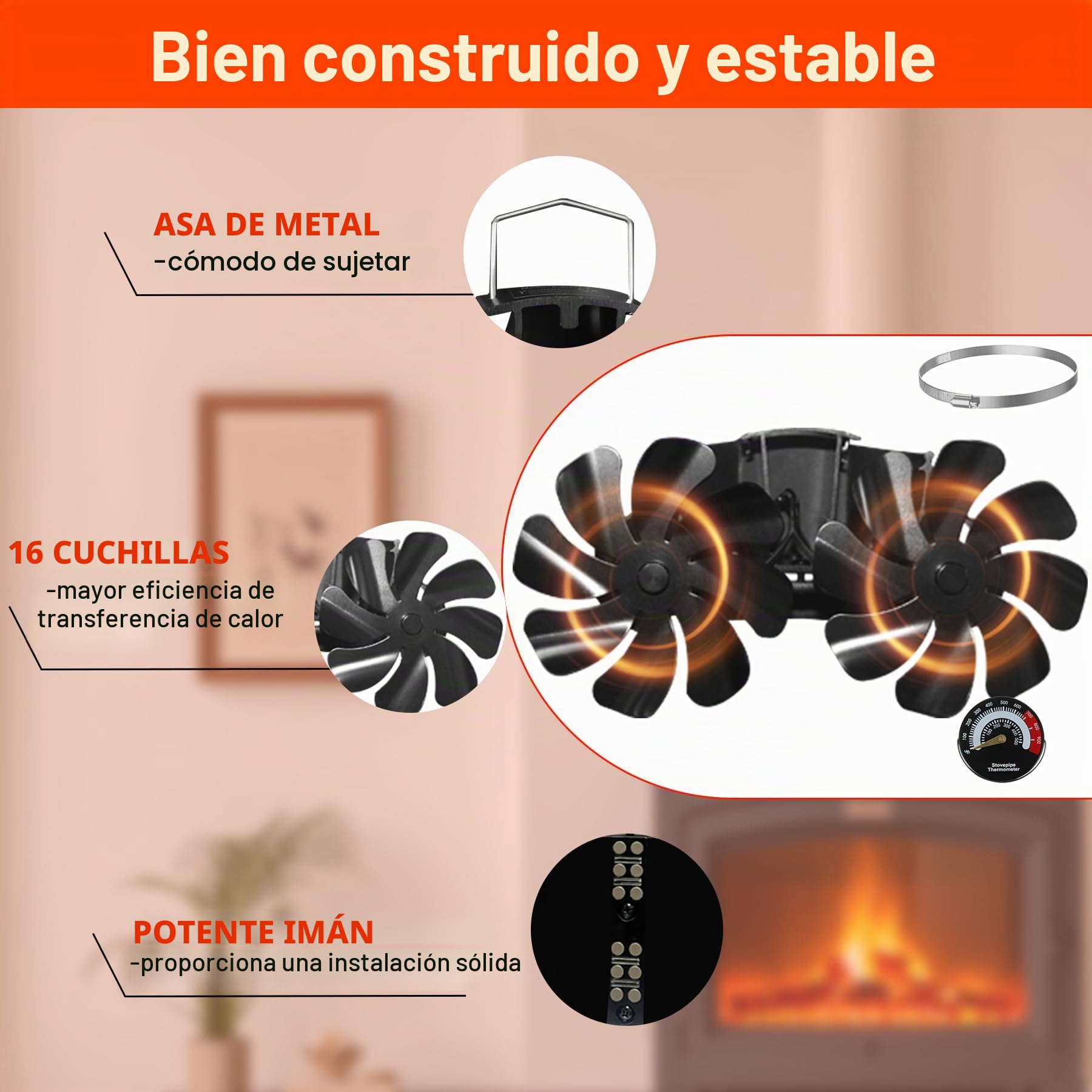 Tomersun Ventilador de chimenea magnético, sin electricidad, con 16 hojas, silencioso, para leña, chimenea, chimenea, chimenea, tubo de estufa, con termómetro y 1 anillo de repuesto