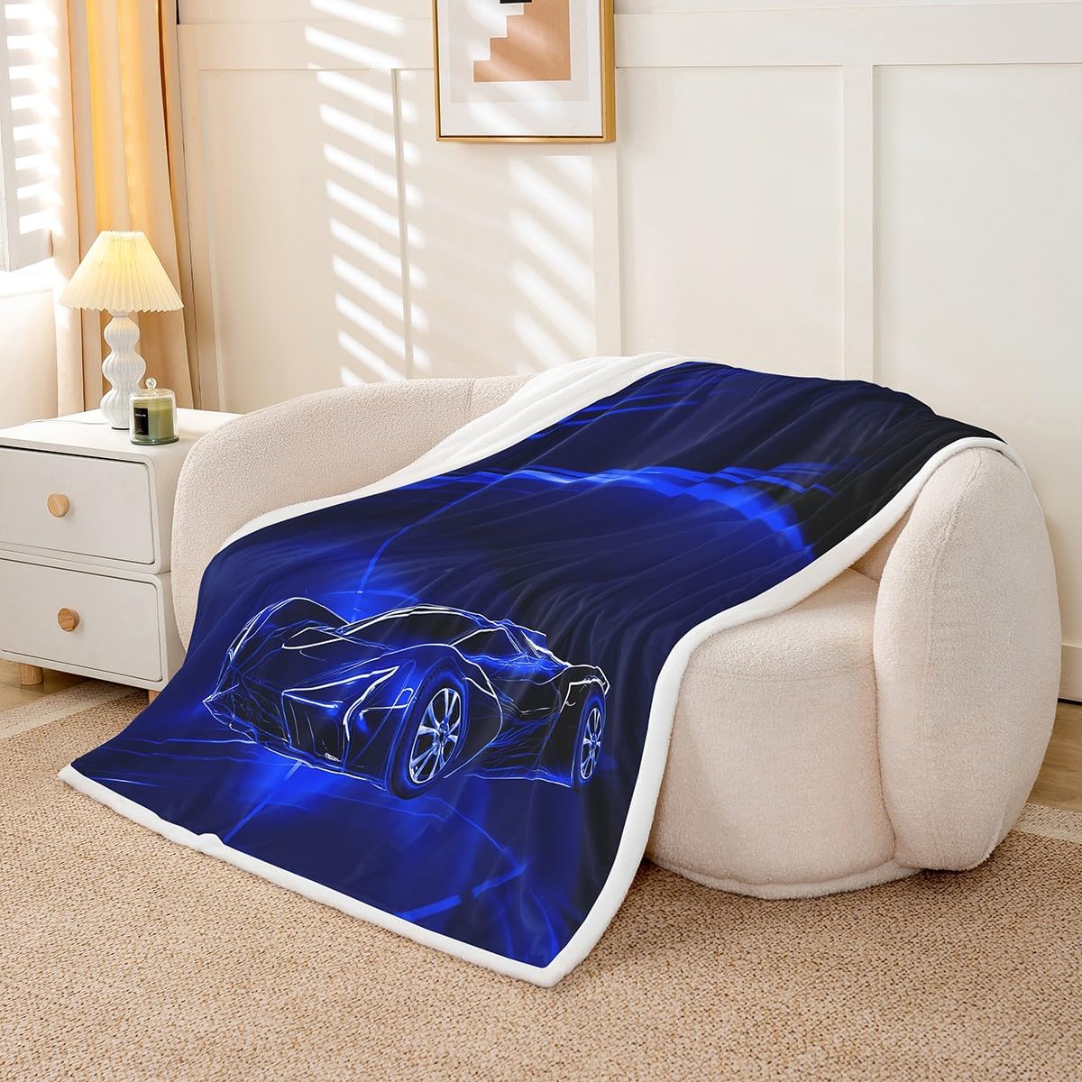 Feelyou Sports Race Car Fleece Throw Blanket Blue Race Car Blanket for Kids Boys Teens Luxury Speed Car Plush Blanket Blue Light Fuzzy Blanket for Sofa Bed Couch,Throw 50x60 Inches