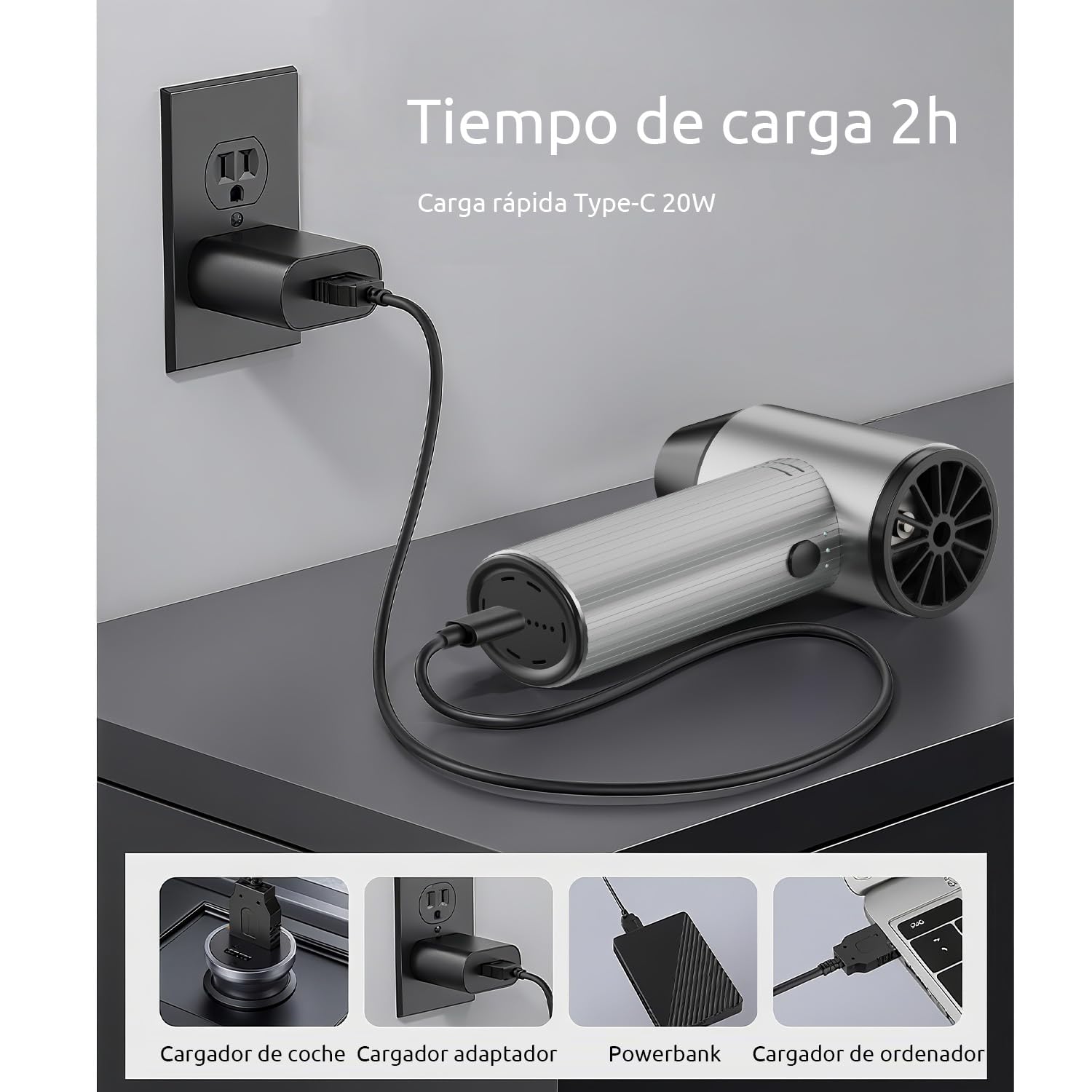 Soplador de Aire Comprimido de Metal, 270000 TR/Min de Pulverización de Aire Comprimido con 3 Velocidades ajustables, Aire Comprimido Limpieza PC, Soplador Batería para Coche, Hogar y Exterior - Plata