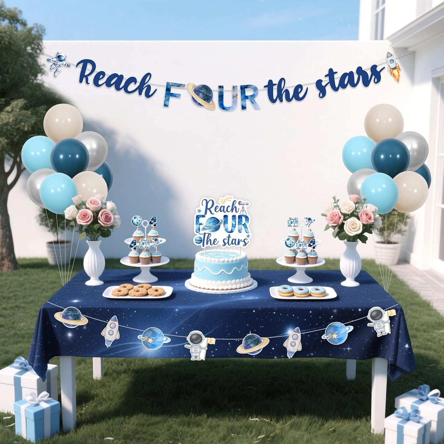 Sursurprise Outer Space 4th Birthday Decorations, Reach Four The Stars Banner Cake Topper Cupcake Toppers Balloons for Astronaut Planets Rocket Galaxy Universe Solar System Party Supplies - Image 3