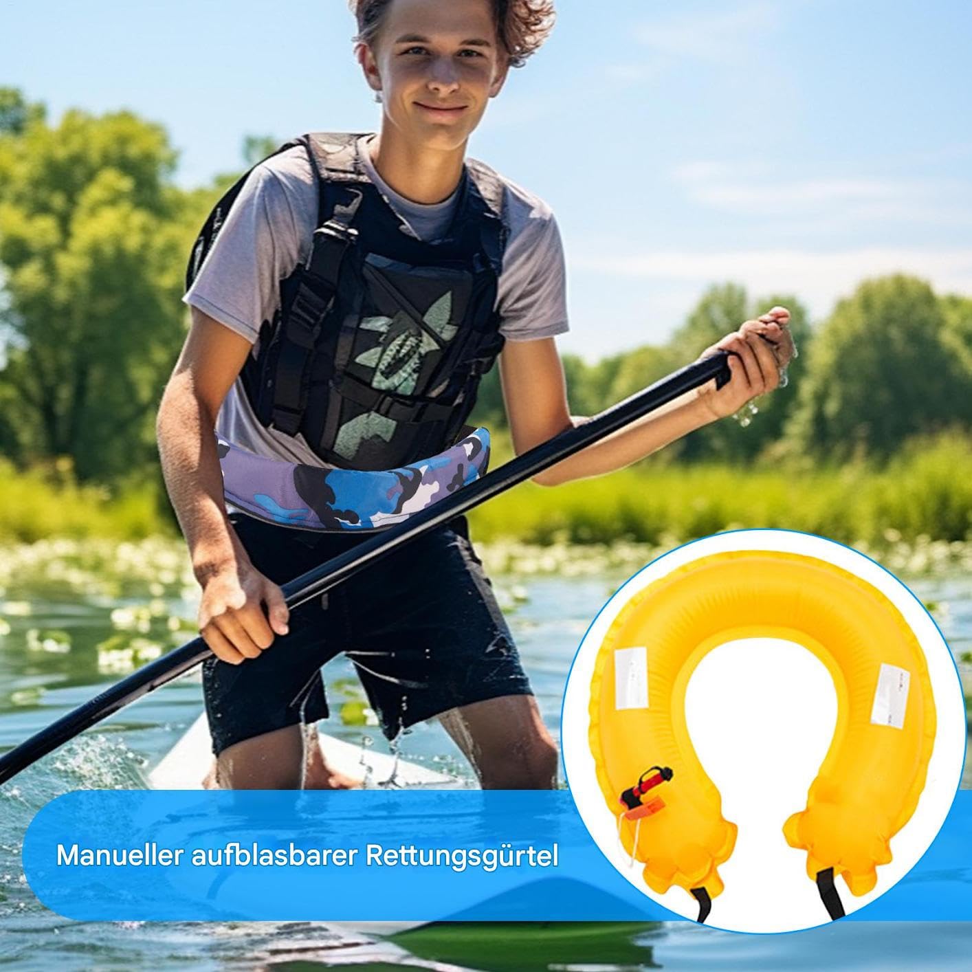 Nadmuchiwany pas do pływania, ze zintegrowaną kieszenią na brzuch, regulowane narzędzie odblaskowe z gwizdkiem, dla kobiet, sportów wodnych, wędkowania, wiosłowania