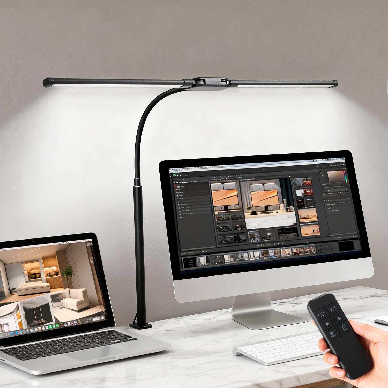 LED Desk Lamp with Clamp, Double Head Adjustable Architect Light, Black | Eye-Caring Monitor Desk Lamp for Home Office, Flexible Gooseneck Task Lamp with 10 Brightness Levels & 5 Color Temperature