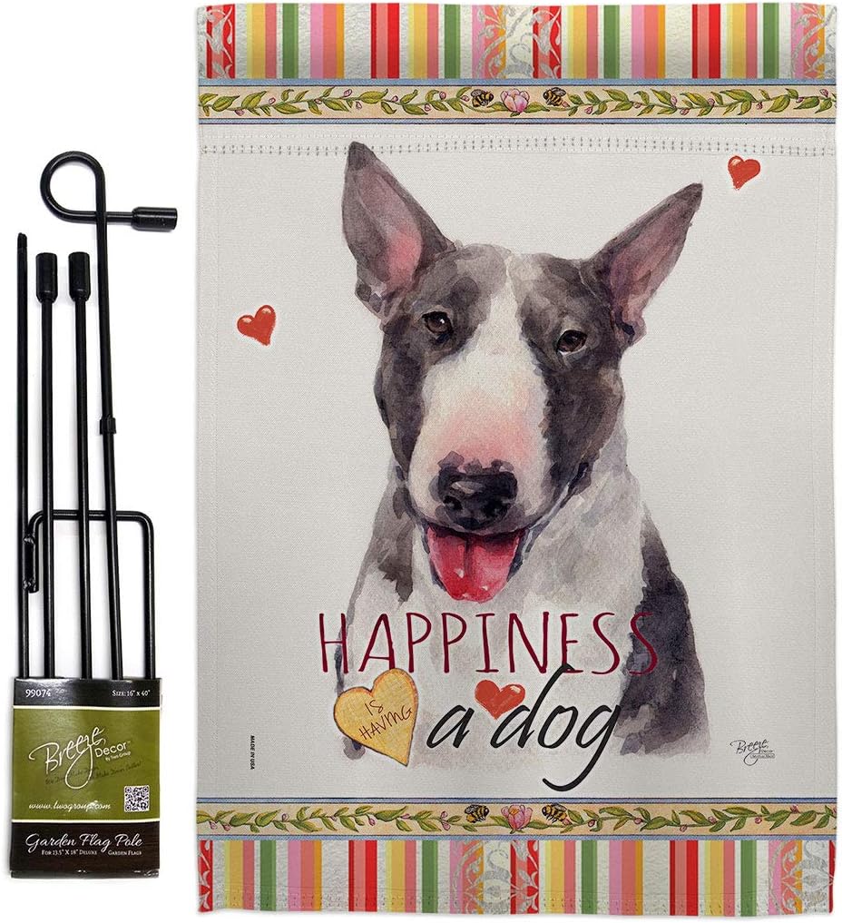Bull Terrier Happiness Garden Flag Set with Stand Animals Dog Puppy Spoiled Paw Canine Fur Pet Nature Farm Animal Creature Small Decorative Gift Yard House Banner Made In USA 13 X 18.5