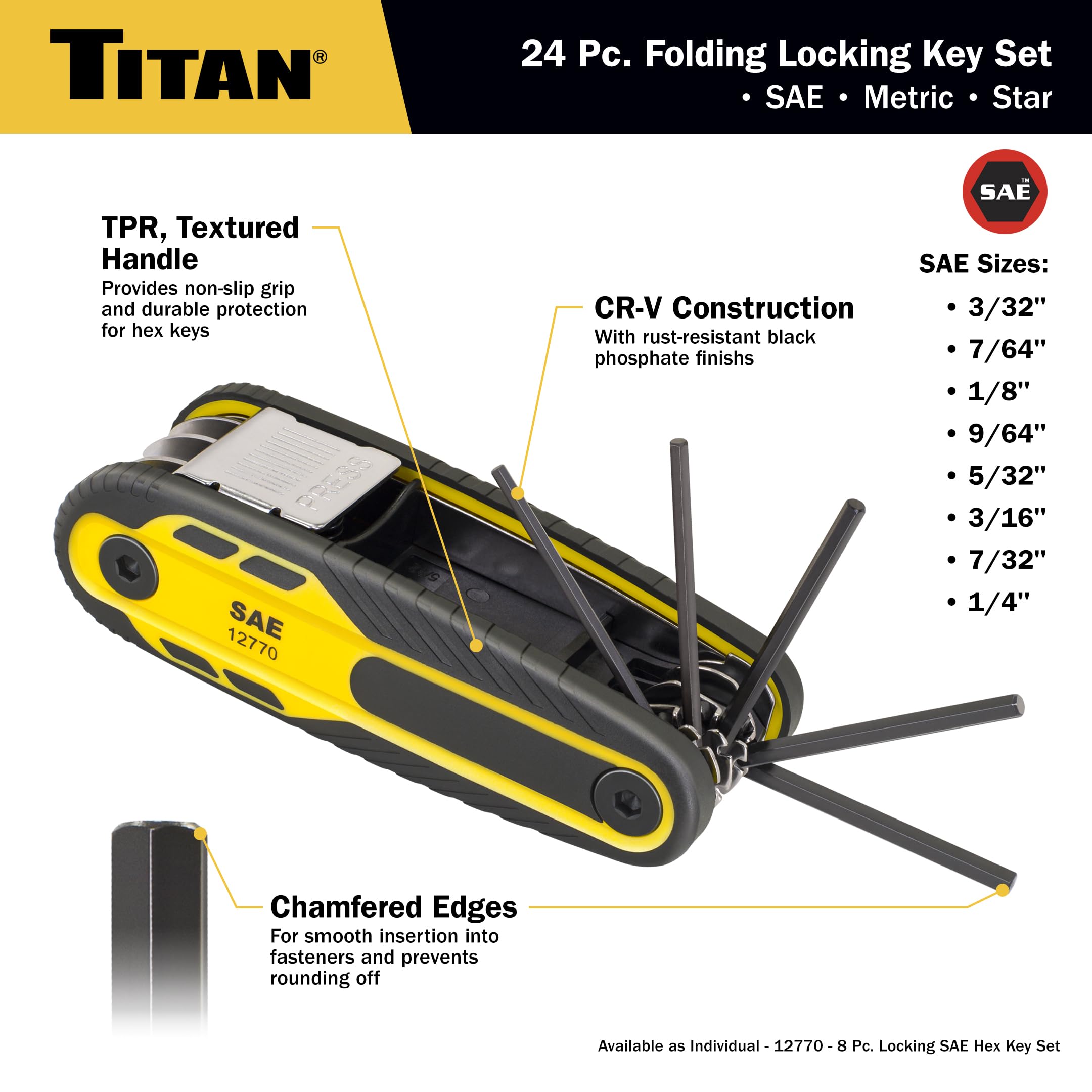 Titan 12773 Lot de 24 clés hexagonales pliantes à verrouillage métrique