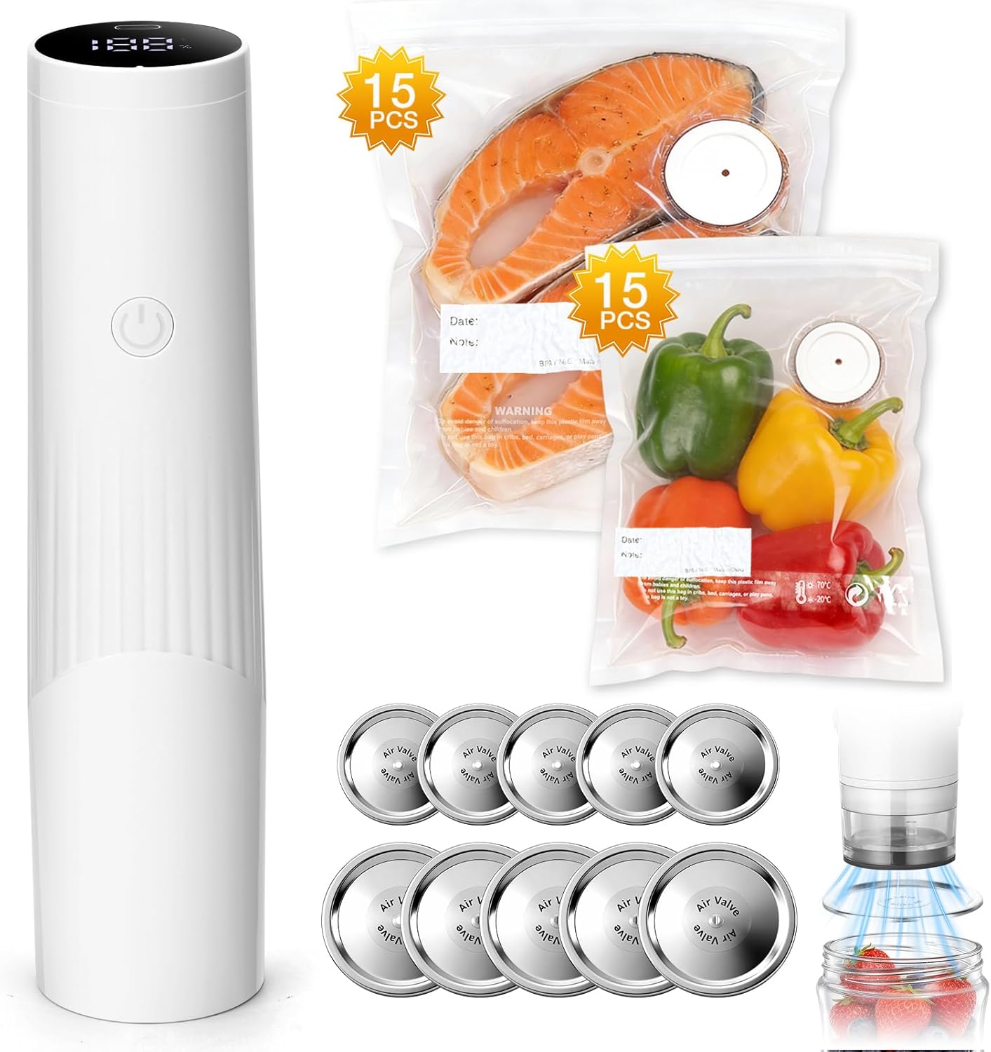 Smart Vacuum Sealer for Food with LED Display, 65kPa Strong Suction Handheld Vacuum Sealer Machine for Reusable Bags & Mason Jars, Portable Food Sealer for Meal Prep, Camping & RV, Washable