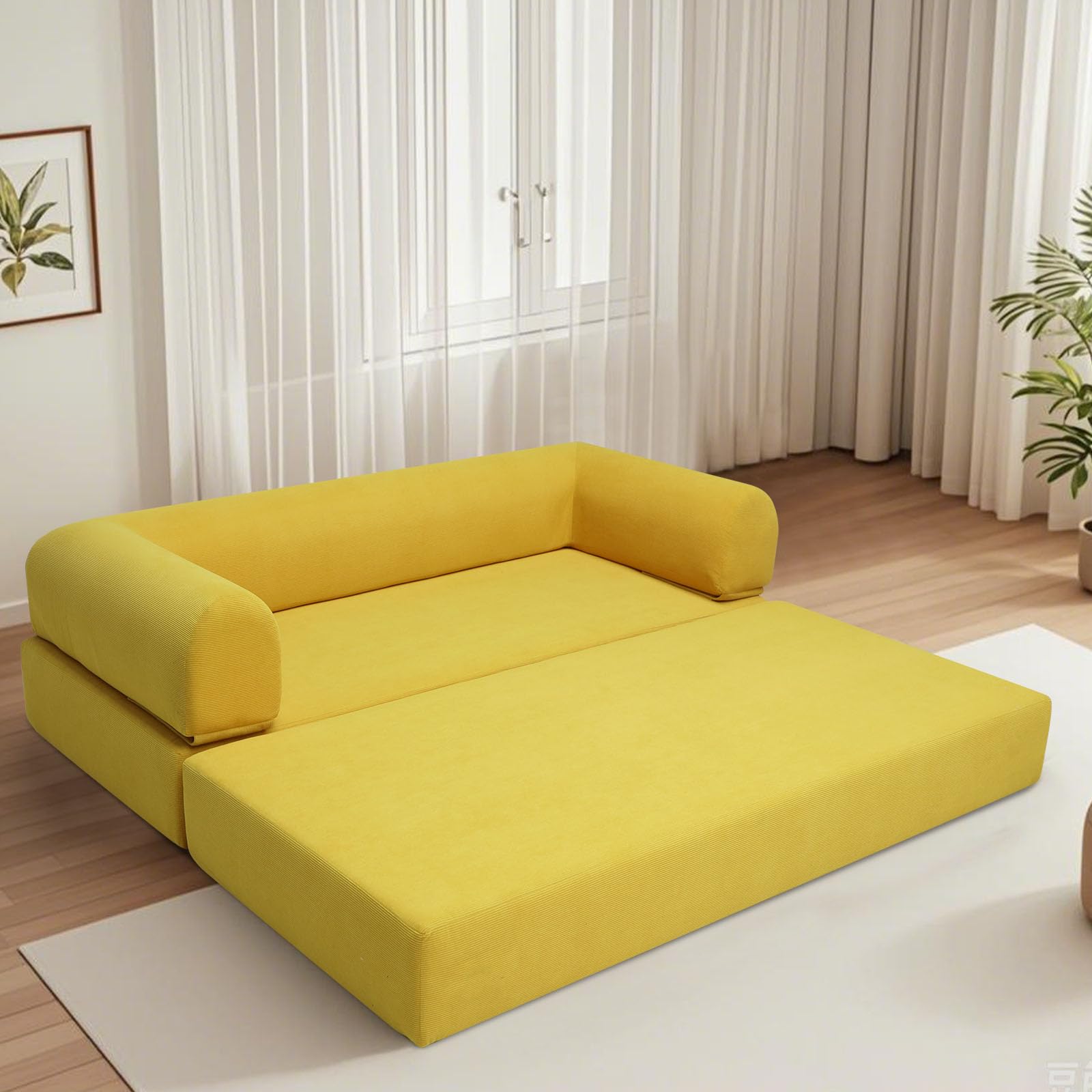 Fold Sofa Bed Couch Memory Foam Futon Sleeper Chair Guest Bed and Fold Out Sofa, Couch for Living Room Corner Chair Bedroom (Yellow)