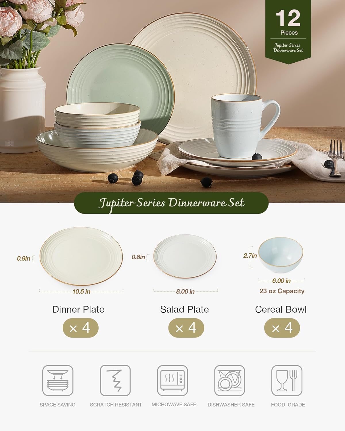 Famiware Jupiter Dinnerware Set, Plates and Bowls Dish Sets for 4 (12 Pieces), Microwave and Dishwasher Safe Stoneware Speckled Tableware, Chip and Scratch Resistant, Multi-color - Image 4