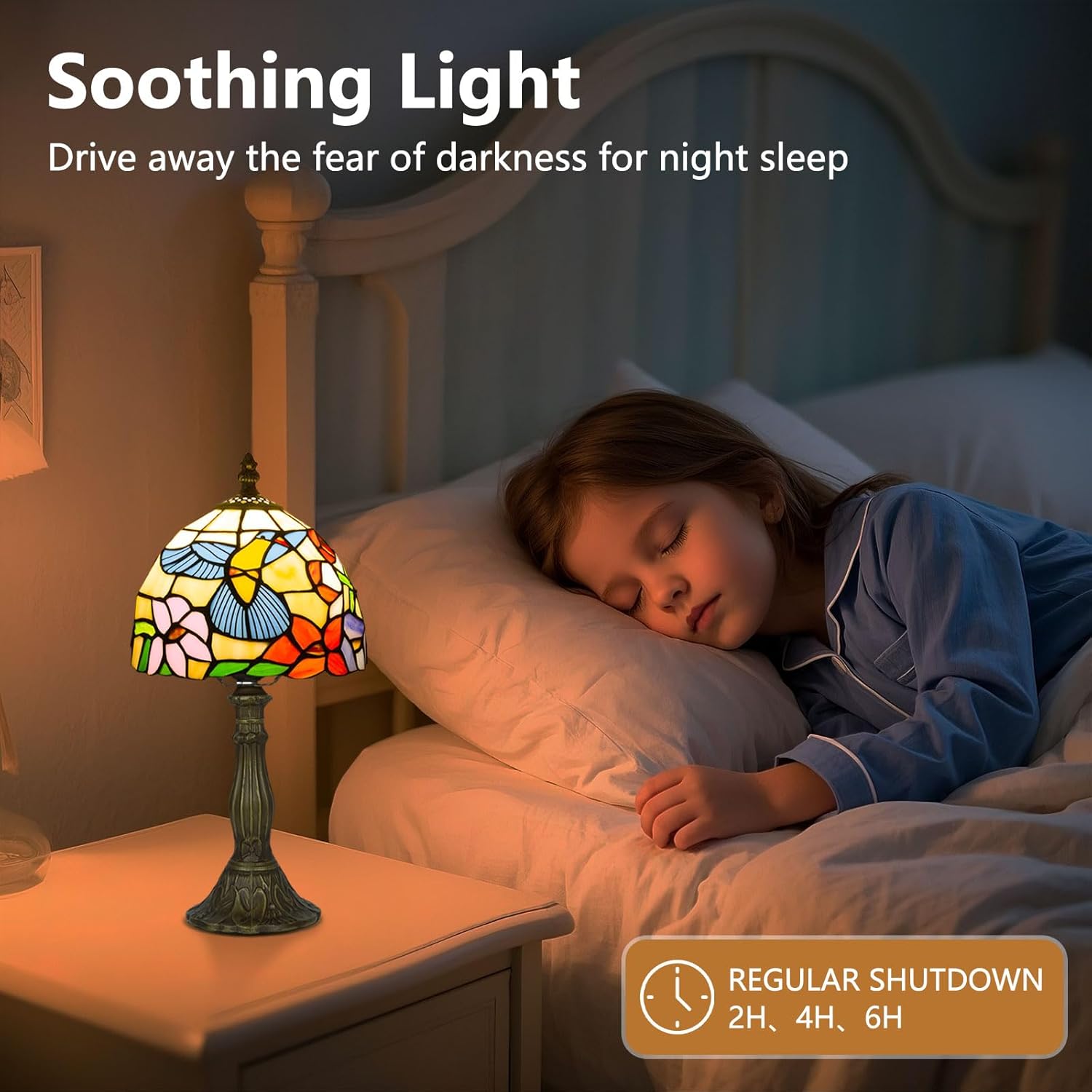 Tiffany Style Table Lamp for Bedroom - Remote Control 8 Inch Stained Glass Lamp with Timer, Stepless Dimmable and Glass Shade Bedside Lamps for Living Room Office, Bulb Included (Hummingbird)