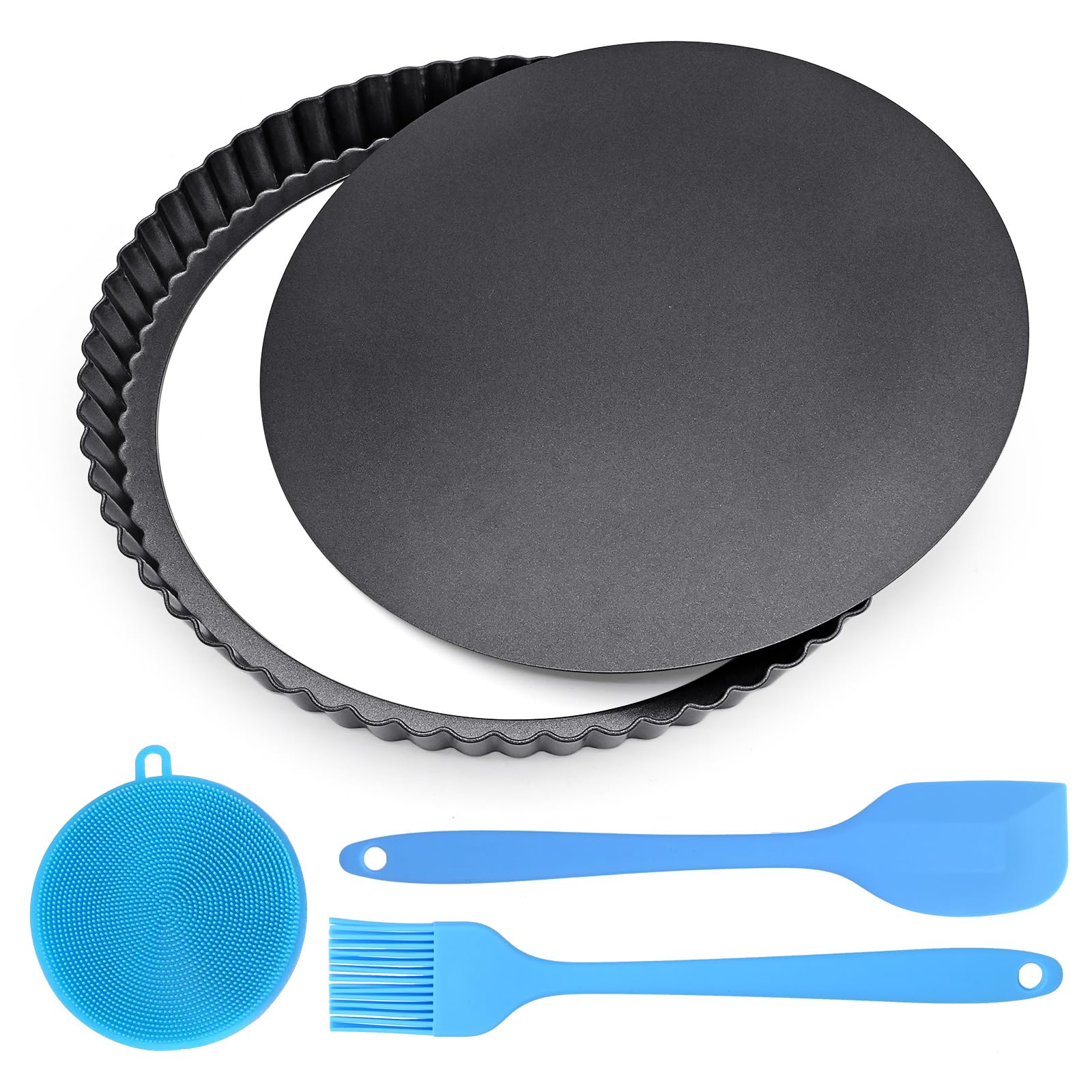 Sayudar Quiche Pan 32cm/12.6inch, Non-Stick High-Strength Safe Non-Toxic Tart Pan, Removable Fluted Base Tart Pan, Cleaning Tools Included Easy-Clean Tart Tin, Carbon Steel Dark Gray